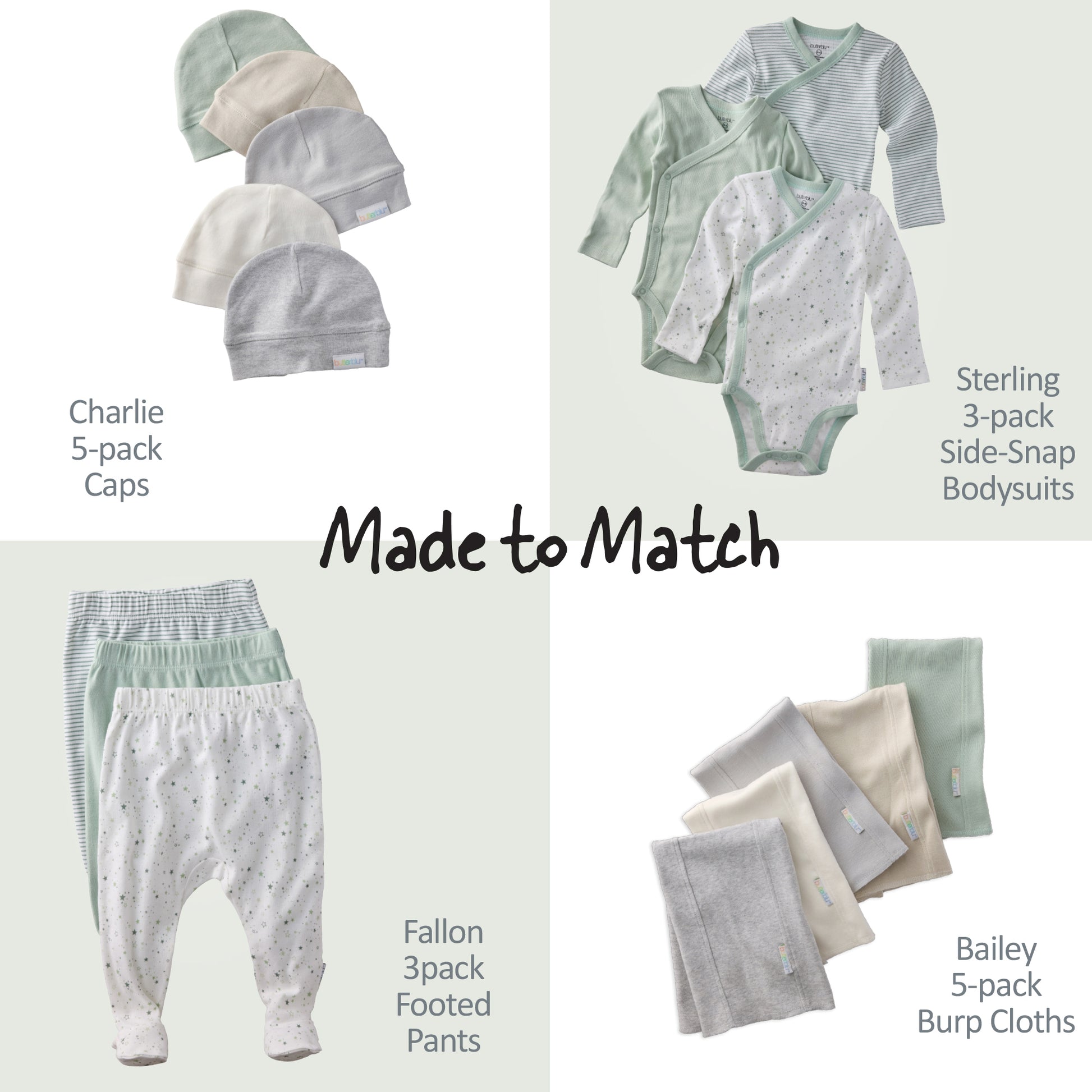 Baby clothing set with caps, bodysuits, pants, and burp cloths labeled 'Made to Match'.