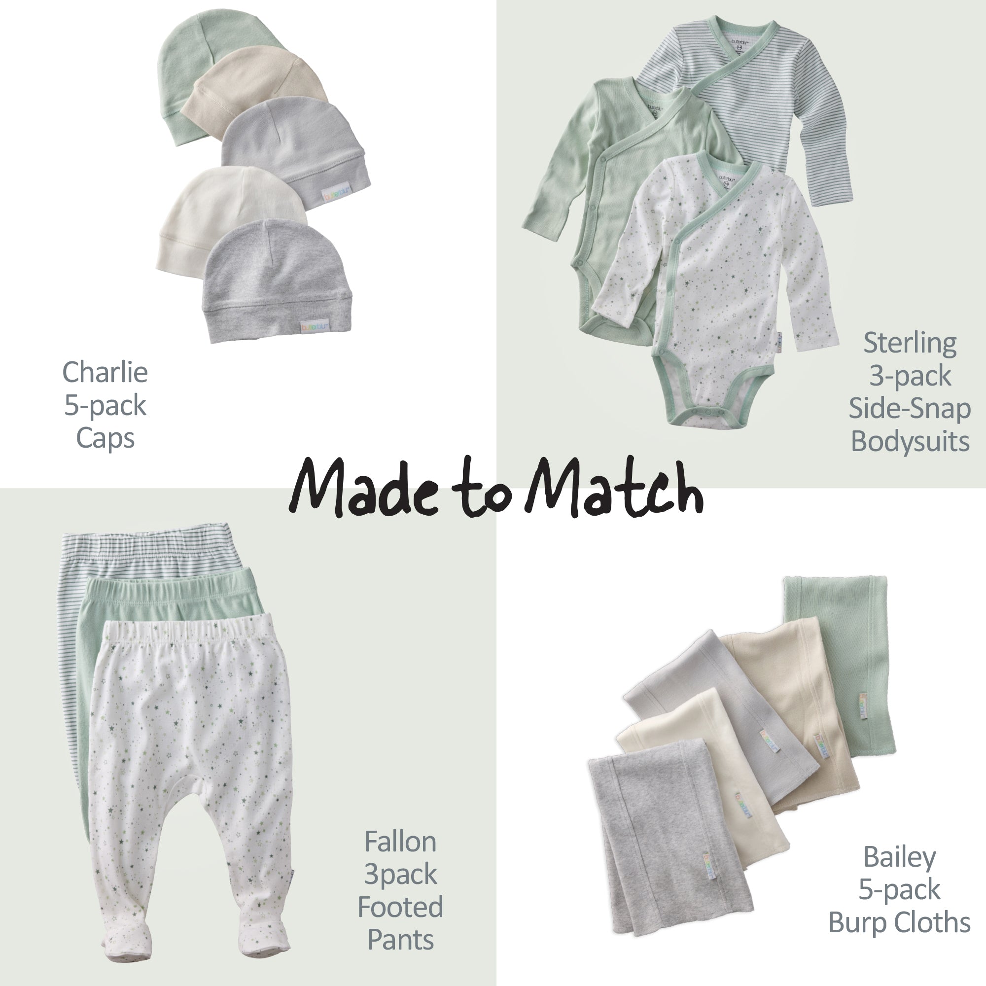 Baby clothing set with caps, bodysuits, pants, and burp cloths labeled 'Made to Match'.