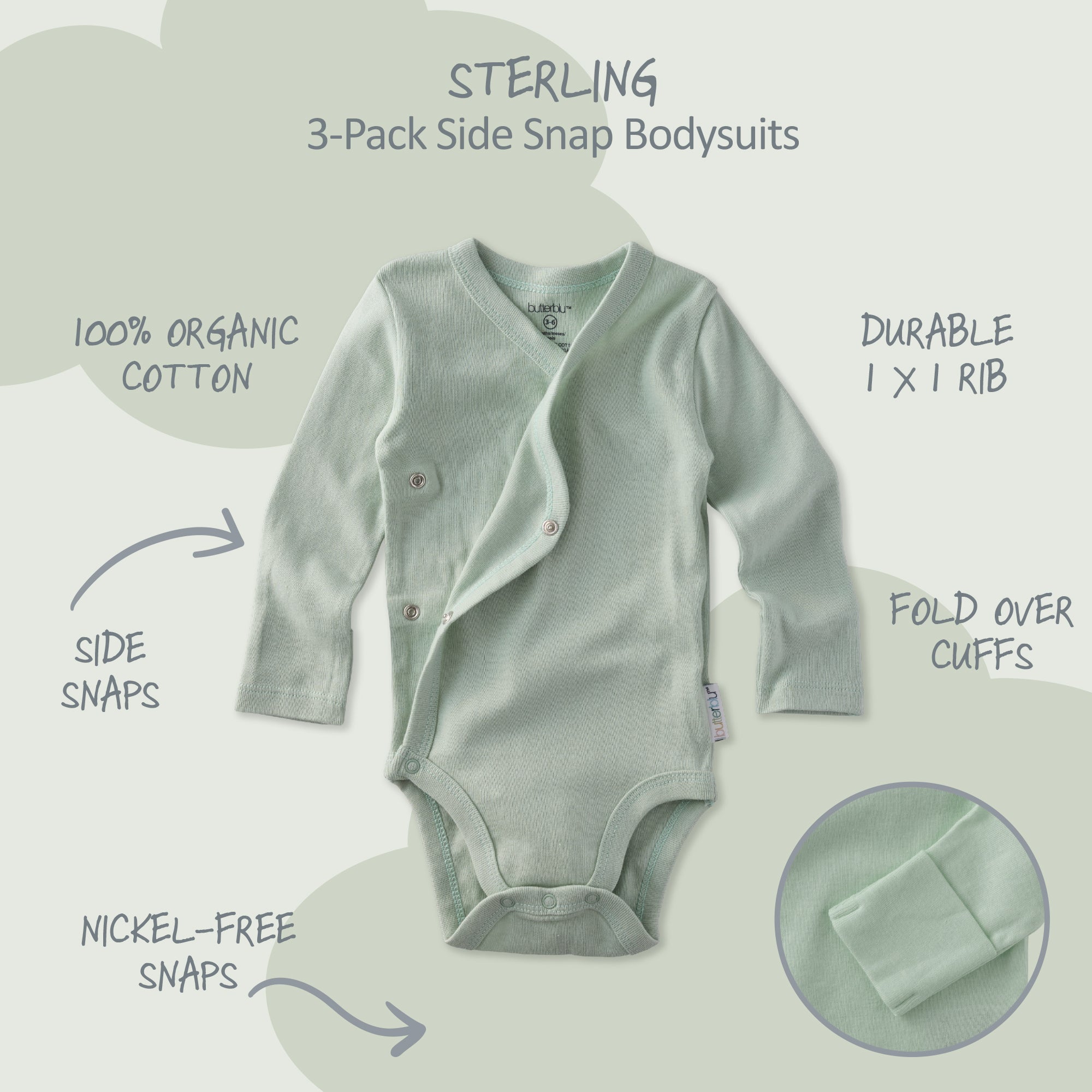 Gray baby bodysuit with features highlighted on a light gray background
