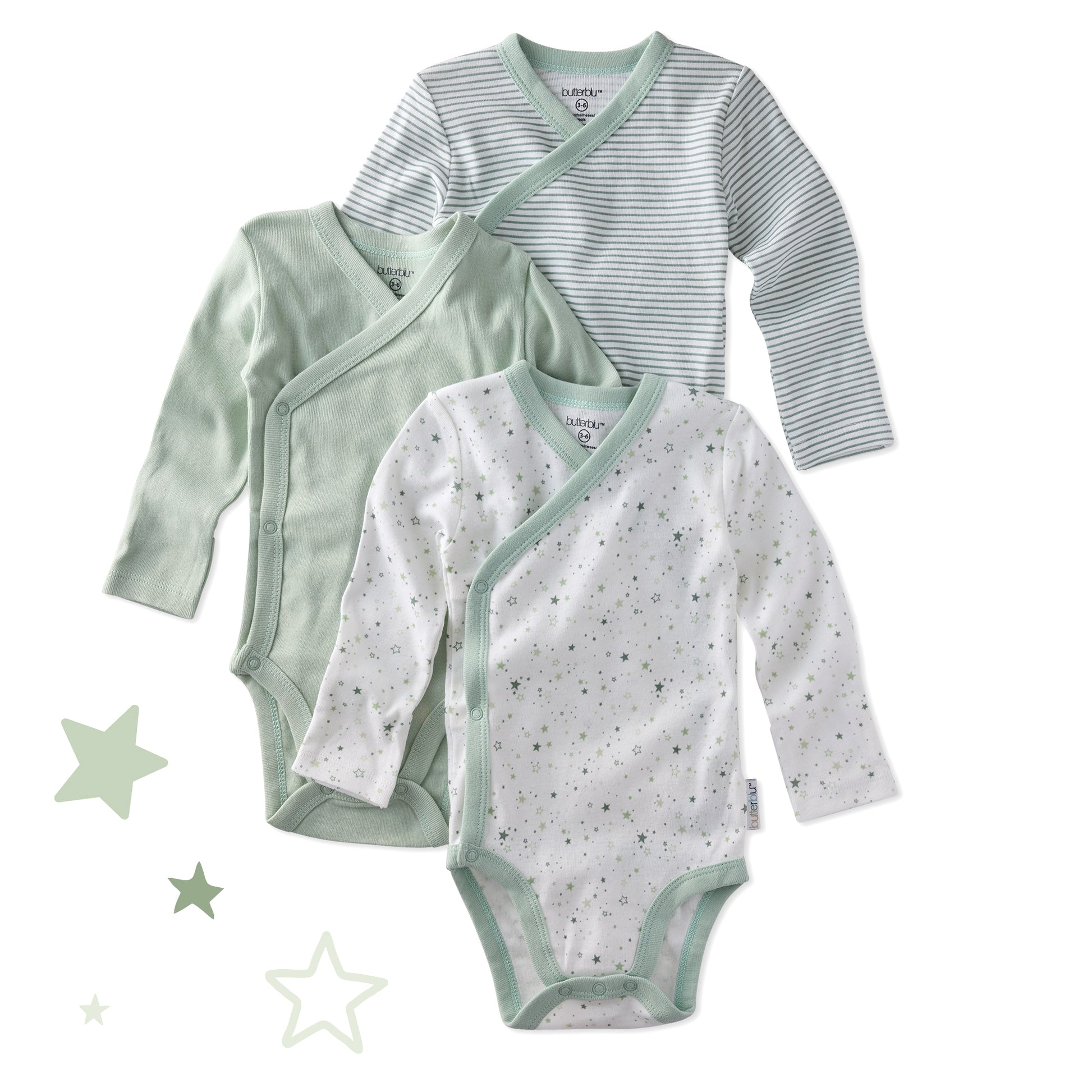 Three baby bodysuits in green, gray, and white with star patterns on a white background.