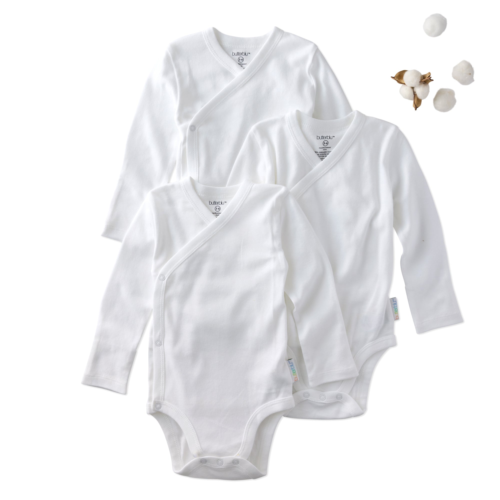 Three white baby bodysuits with long sleeves on a white background, featuring cotton balls and cotton bolls graphics.