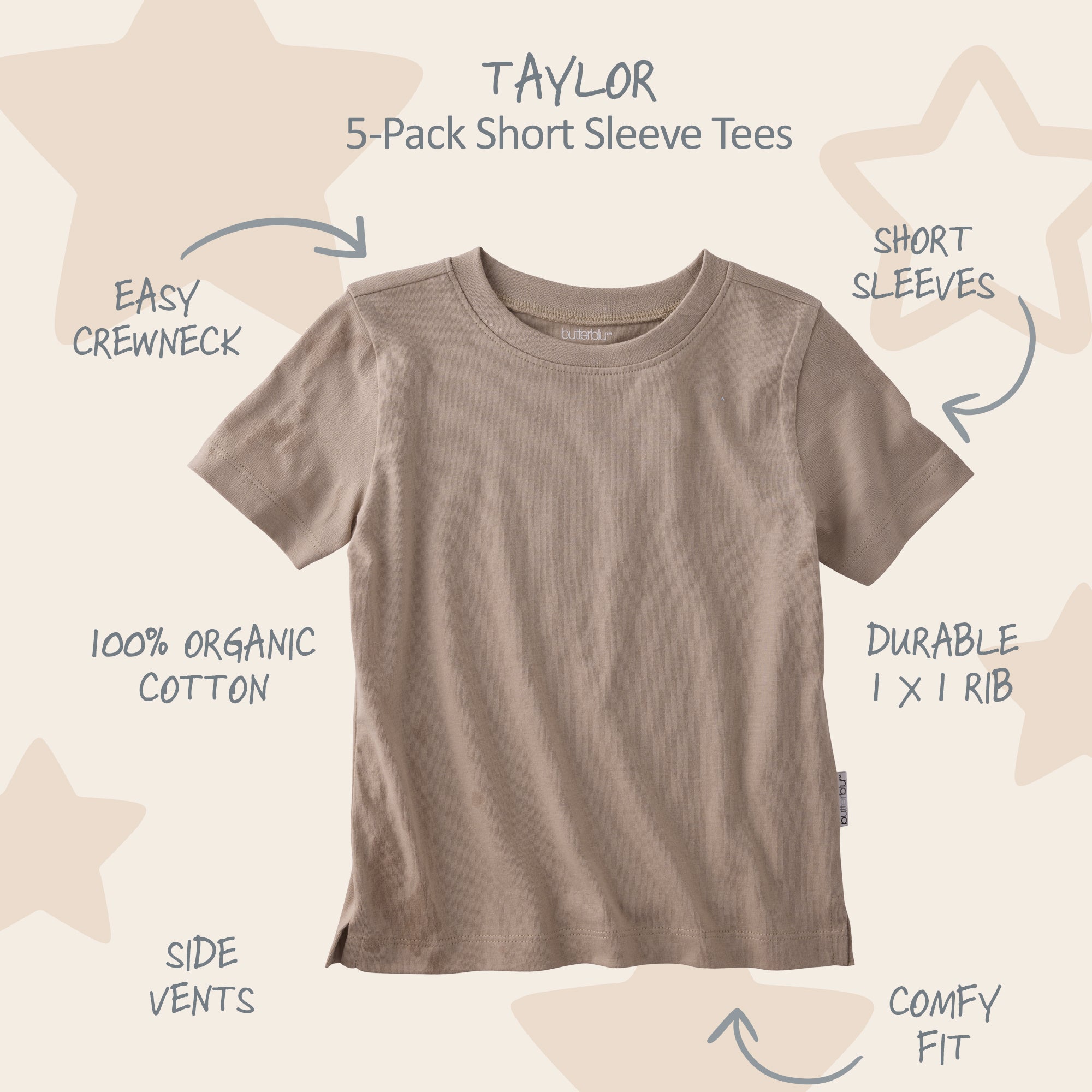 Brown t-shirt with text describing features on a beige background