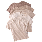 Set of five beige t-shirts stacked on a white background