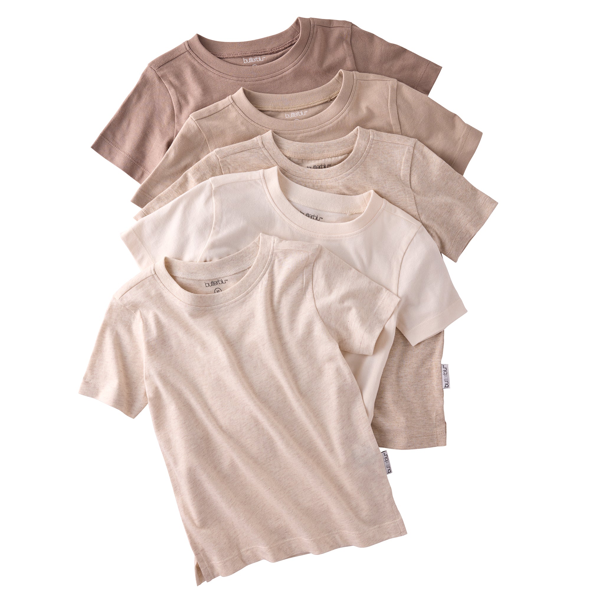 Set of five beige t-shirts stacked on a white background