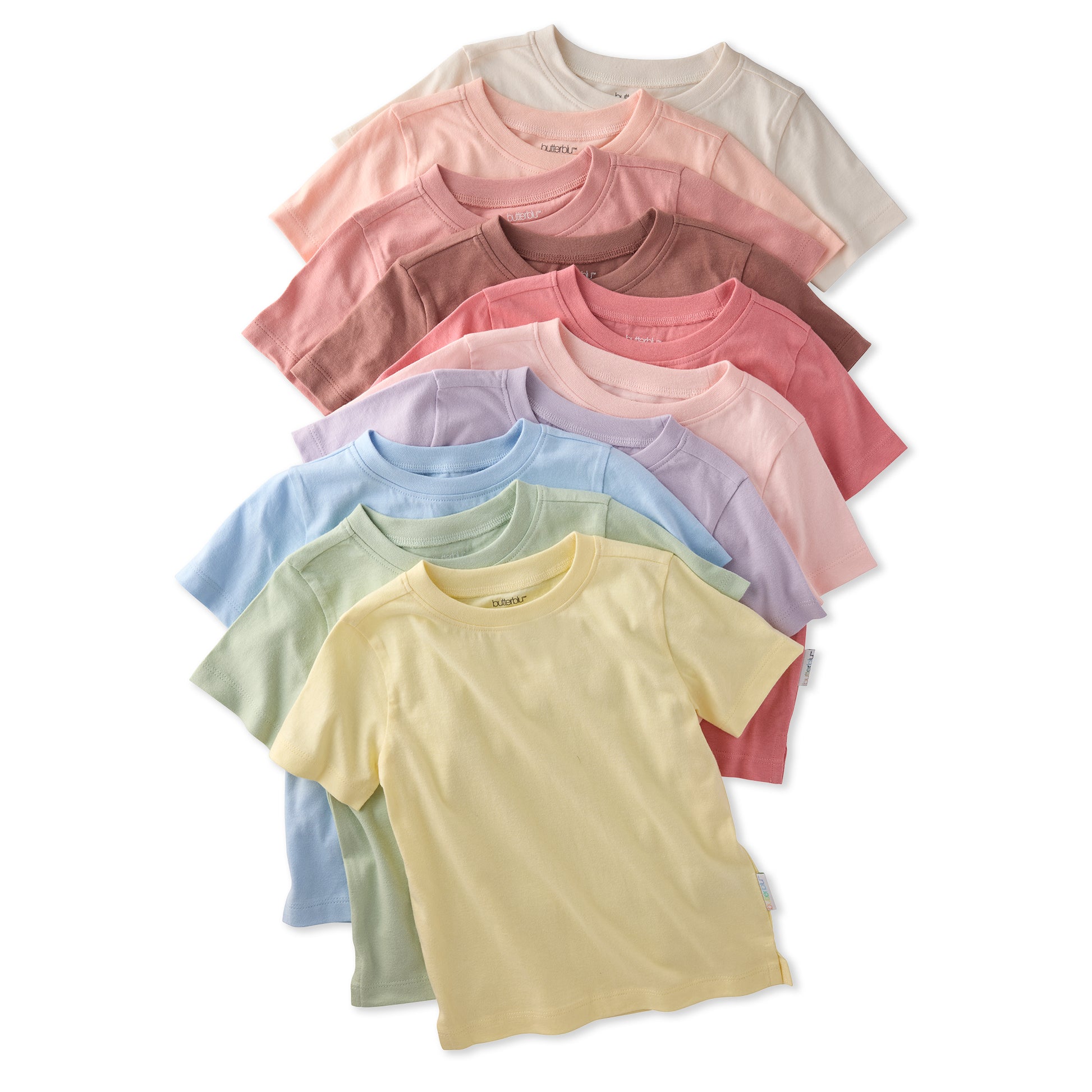 Stack of colorful t-shirts on a white background
