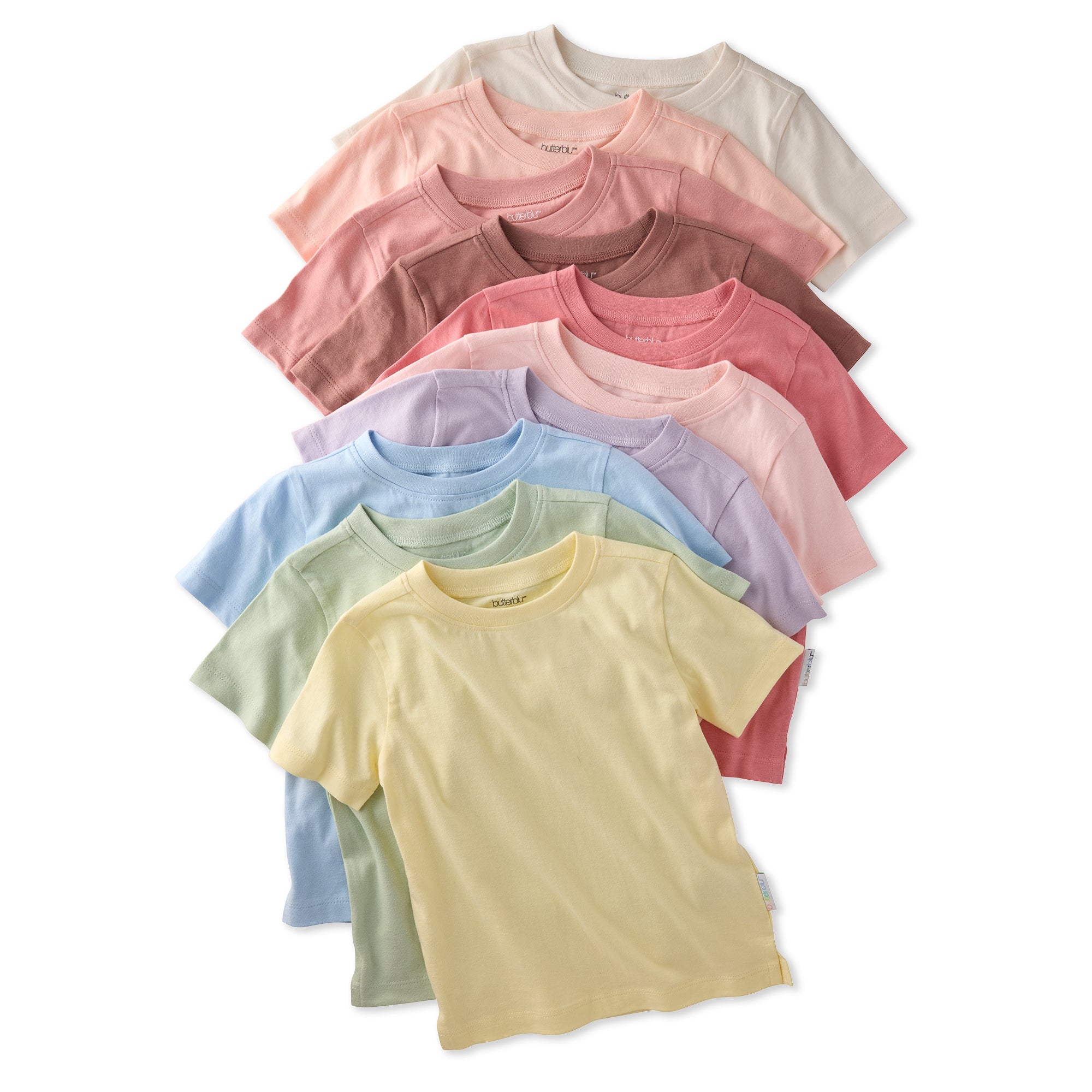 Stack of colorful t-shirts on a white background