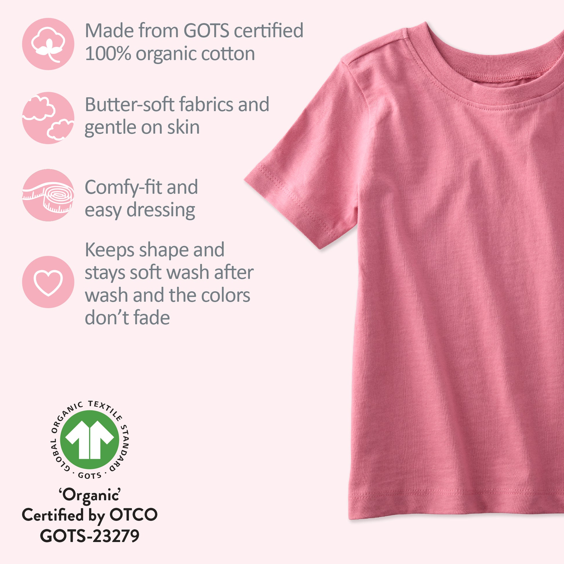 Pink t-shirt with organic cotton certification details on a white background