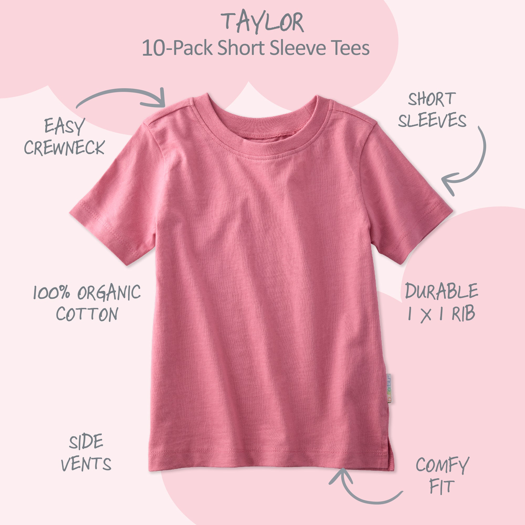 Pink t-shirt with features labeled on a white background