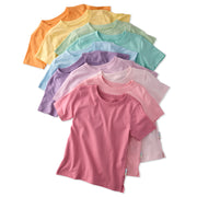 Stack of colorful t-shirts on a white background