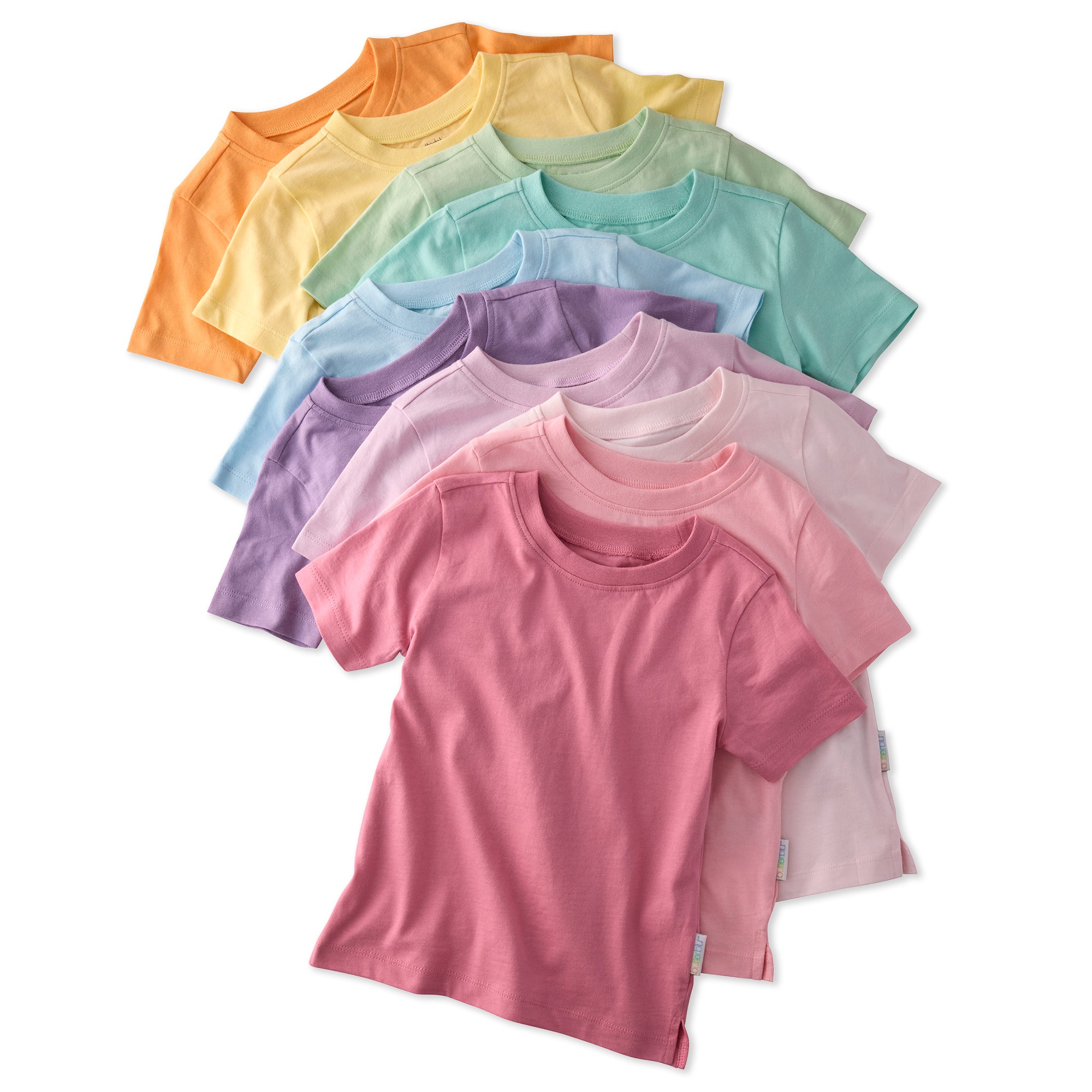 Stack of colorful t-shirts on a white background