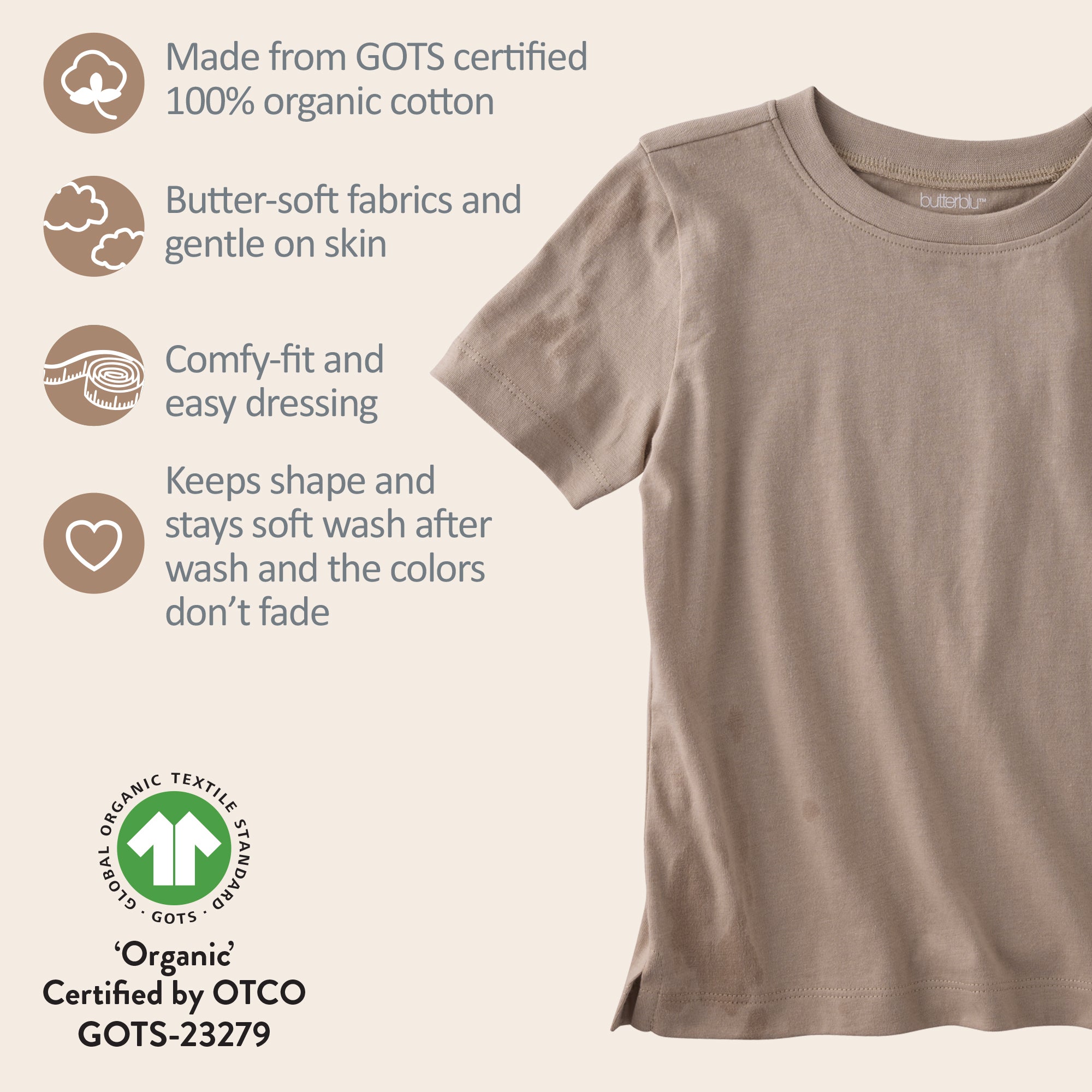 Brown t-shirt with organic cotton certification details on a light beige background