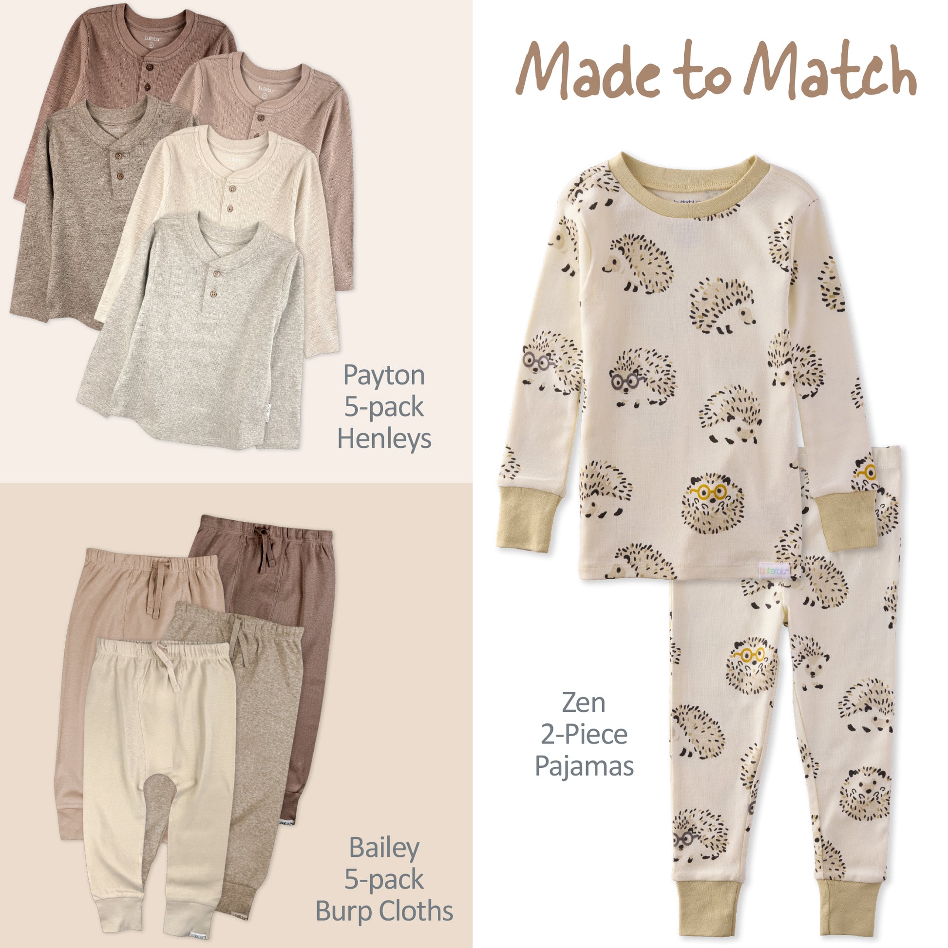 Children's clothing set including henleys, pajamas, and burp cloths with hedgehog pattern on a beige background.
