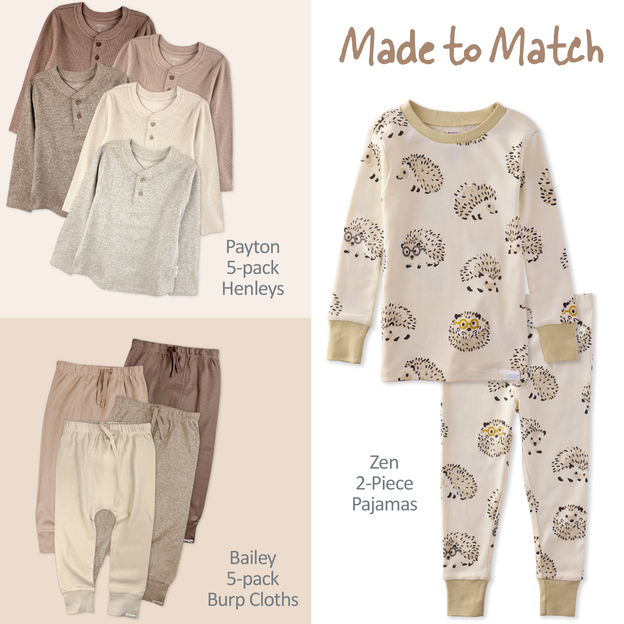 Children's clothing set including henleys, pajamas, and burp cloths with hedgehog pattern on a beige background.