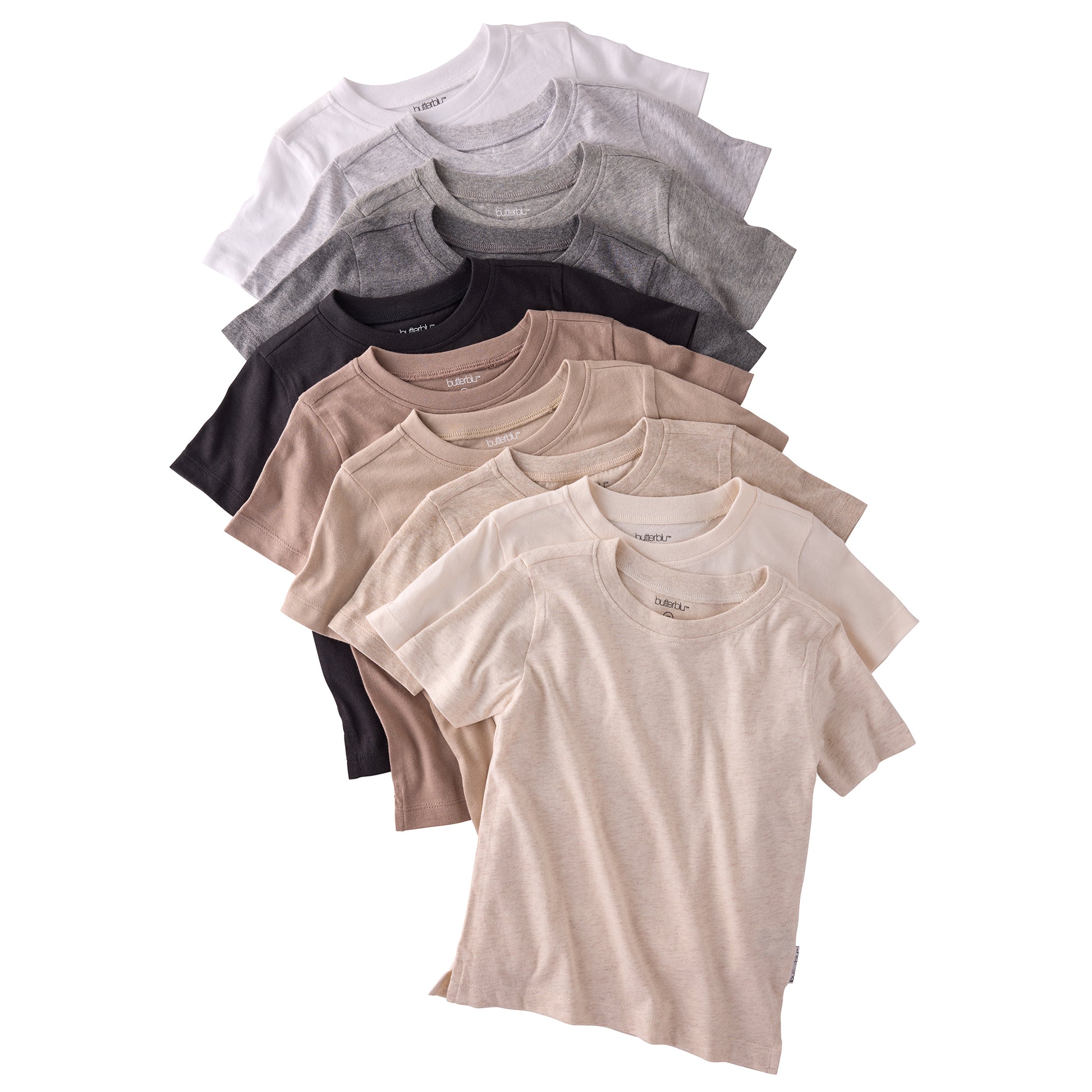 Stack of plain t-shirts in various colors on a white background
