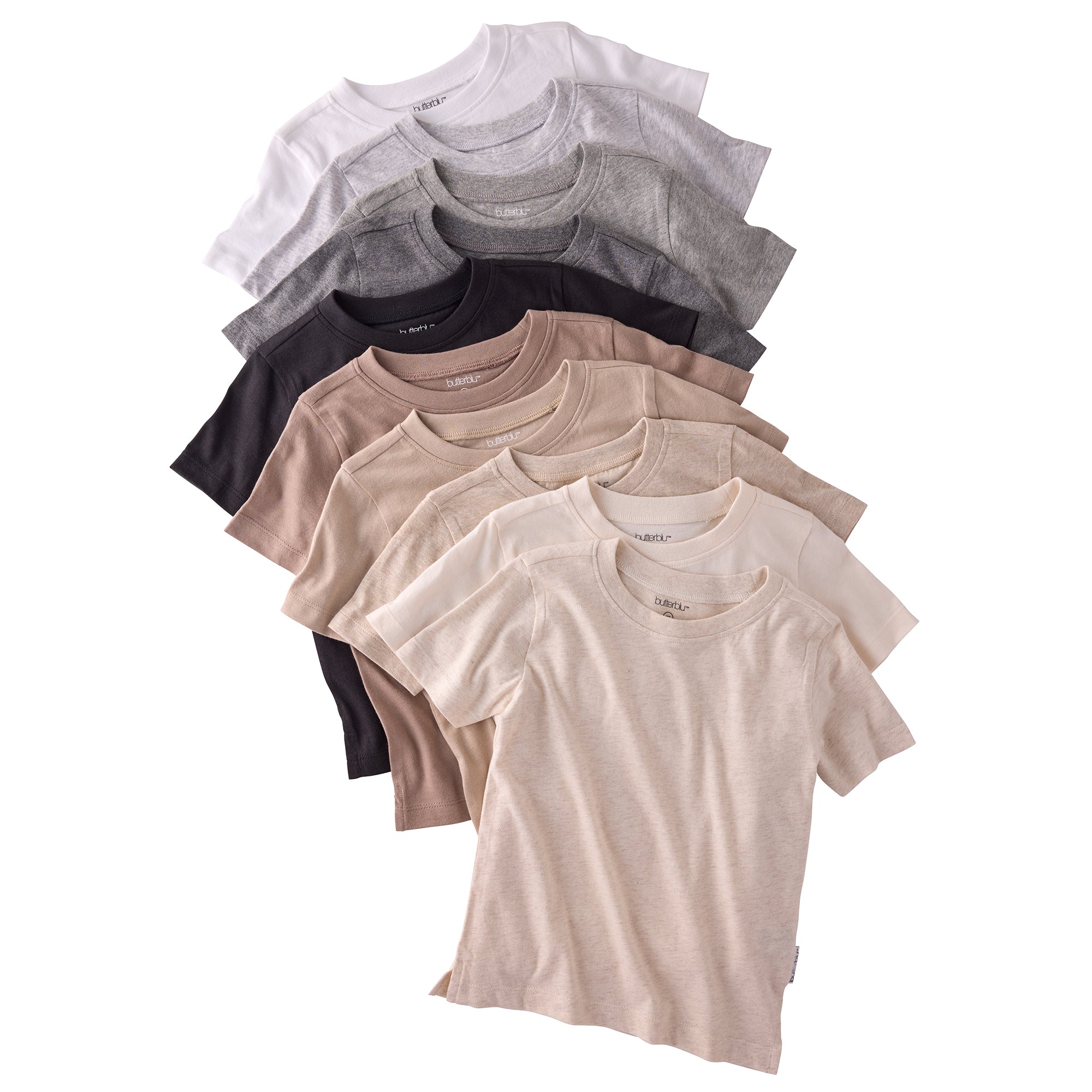 Stack of plain t-shirts in various colors on a white background