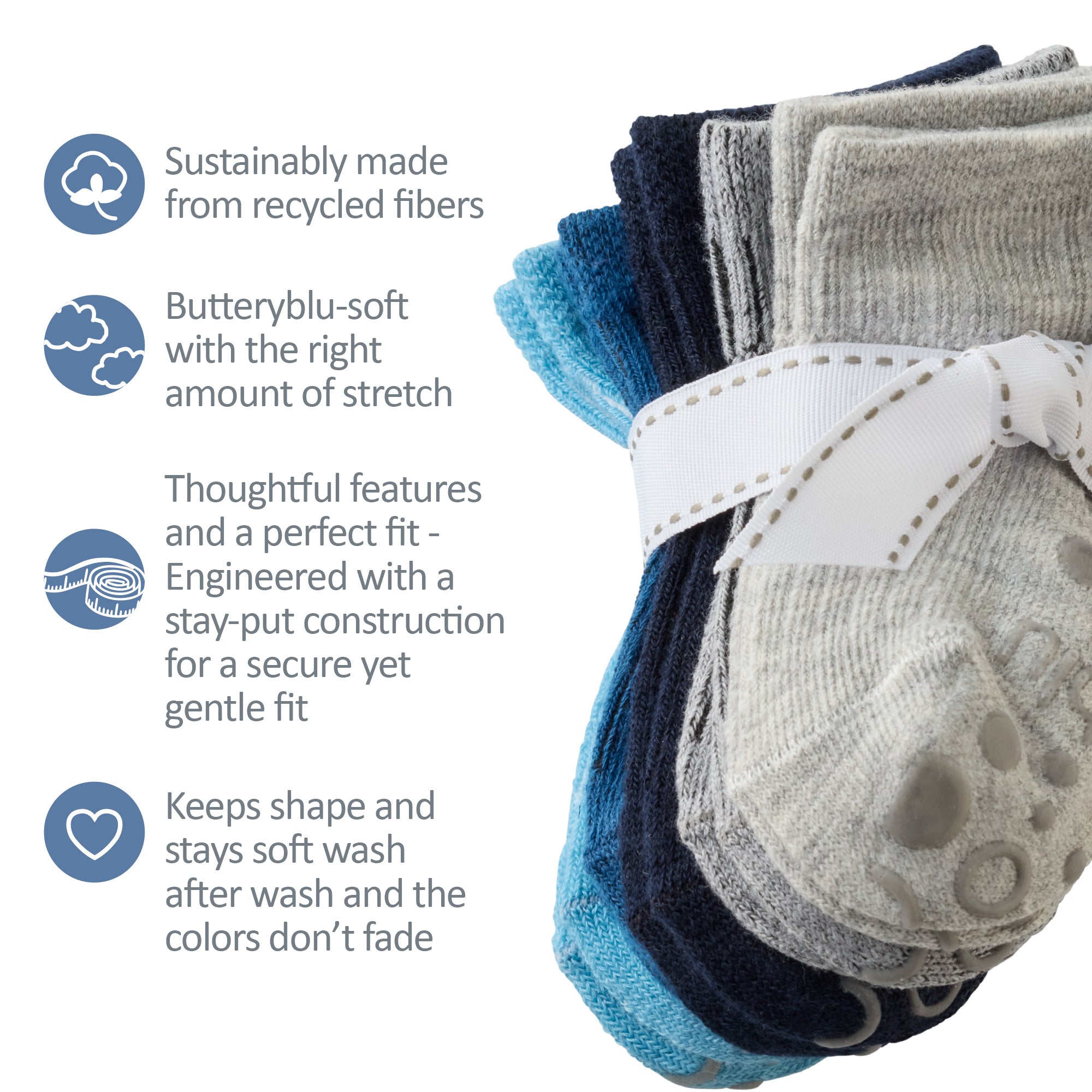 Zuri Socks tied with a bow, next to GOTS product certificates