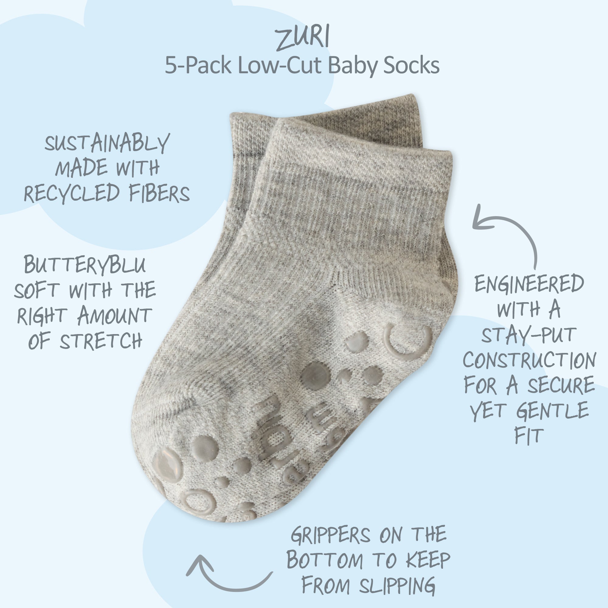 Zuri Sock surrounded by product descriptions