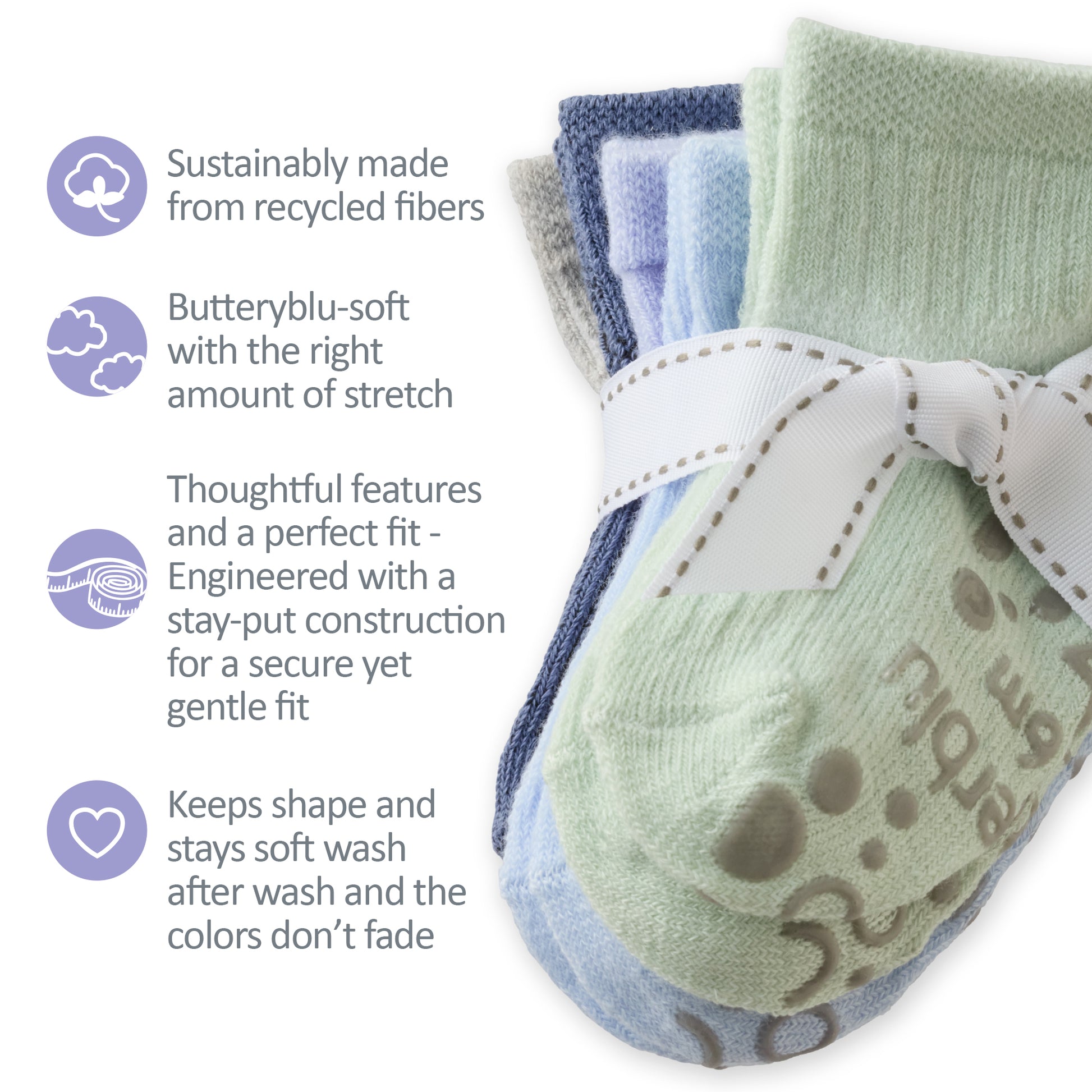 Zuri Socks tied with a bow, next to GOTS product certificates