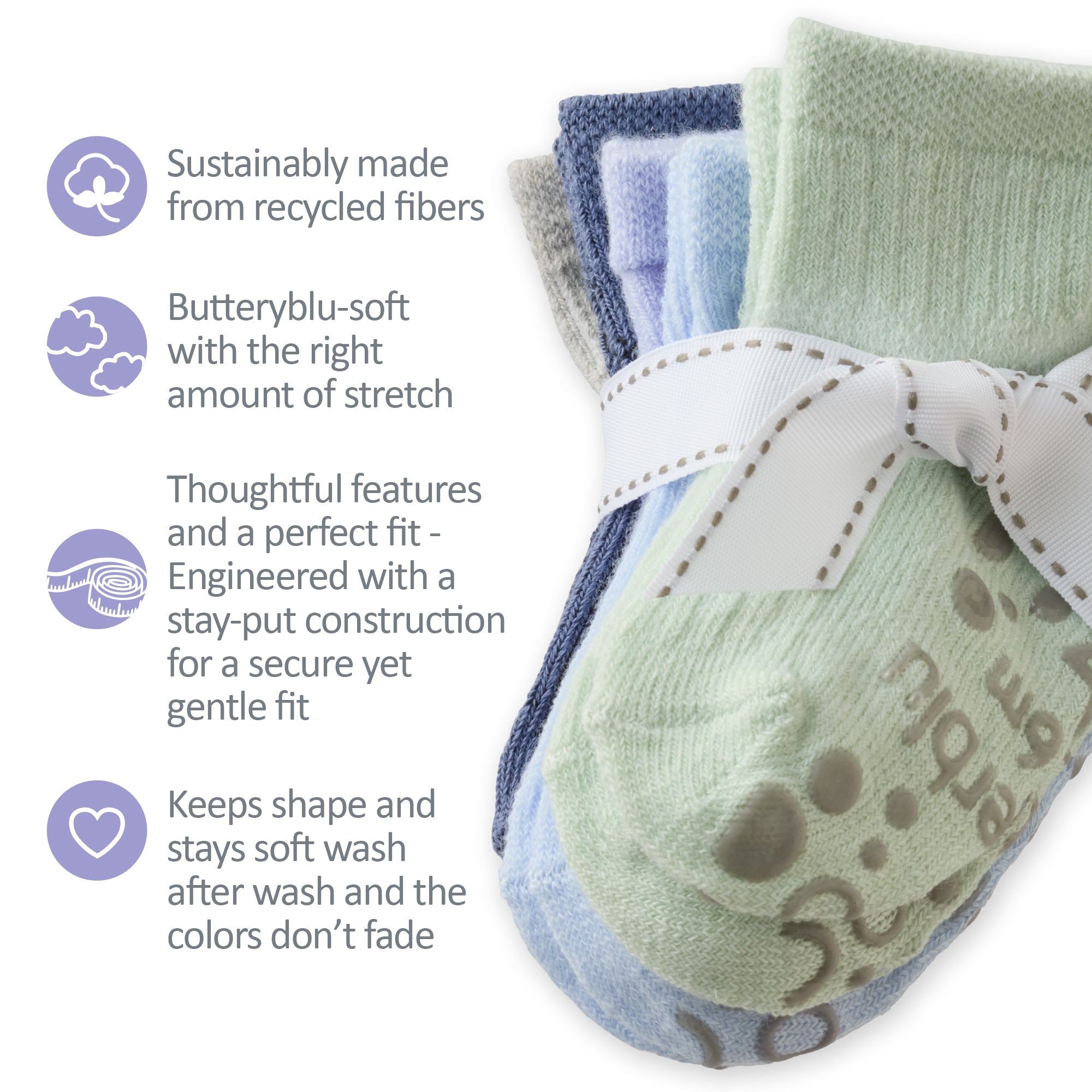Zuri Socks tied with a bow, next to GOTS product certificates