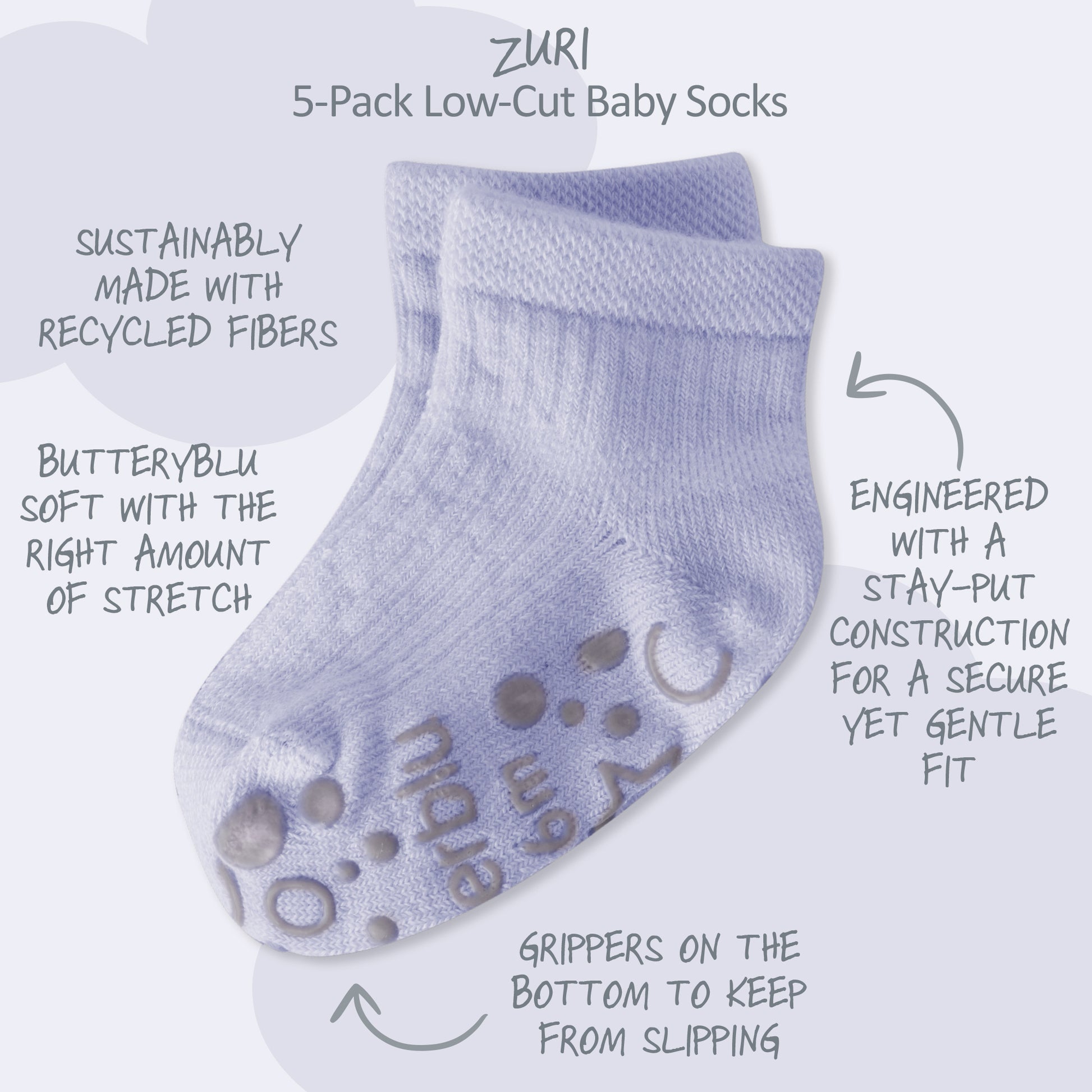 Zuri Sock surrounded by product descriptions