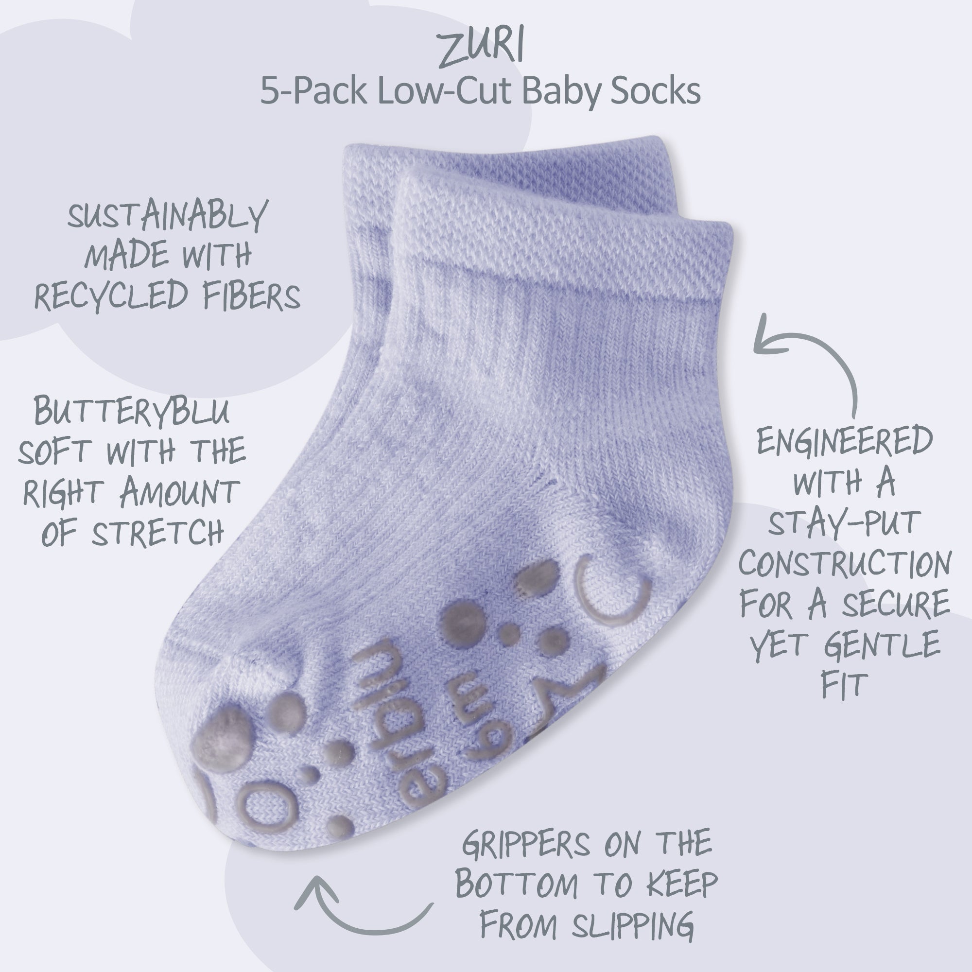 Zuri Sock surrounded by product descriptions