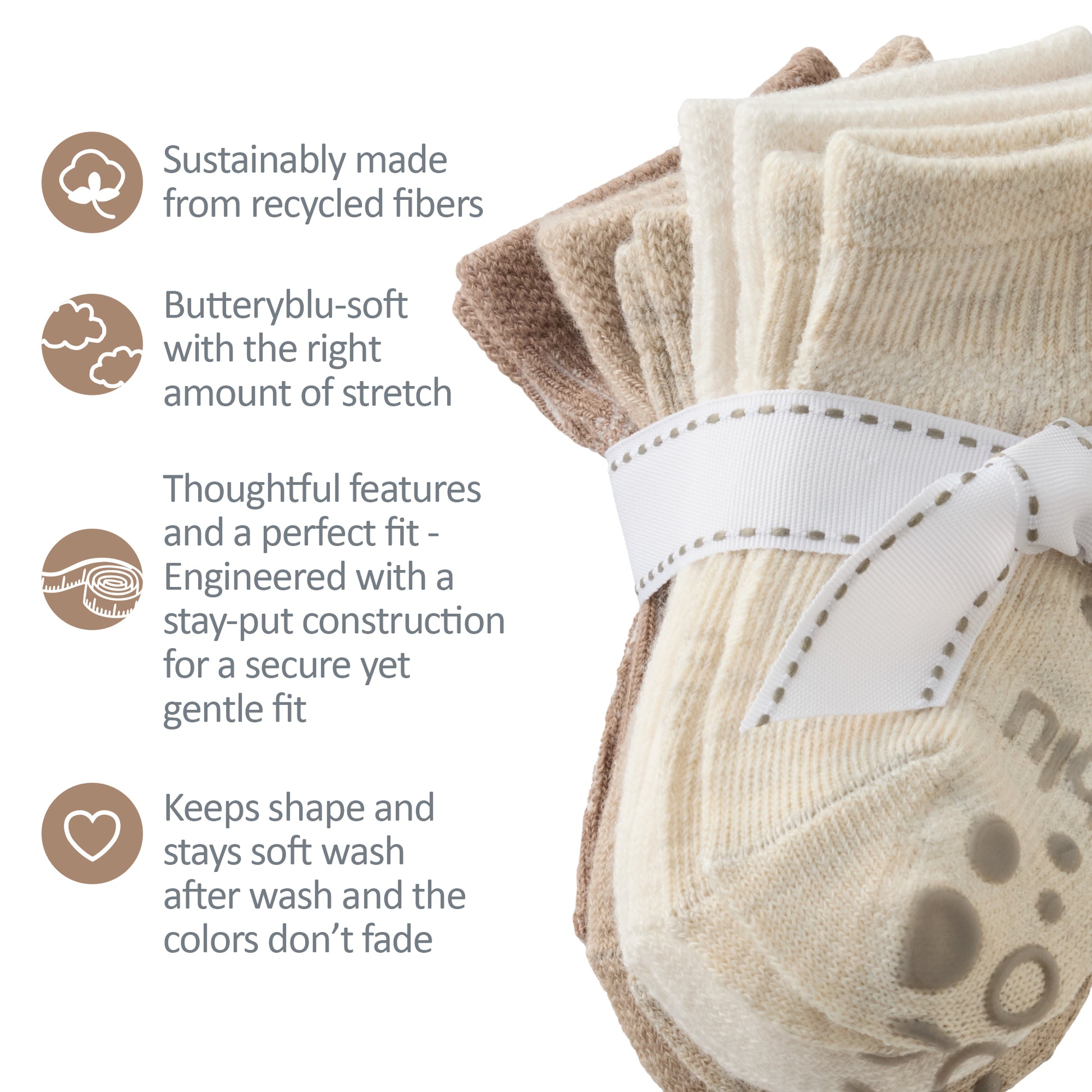 Zuri Socks tied with a bow, next to GOTS product certificates