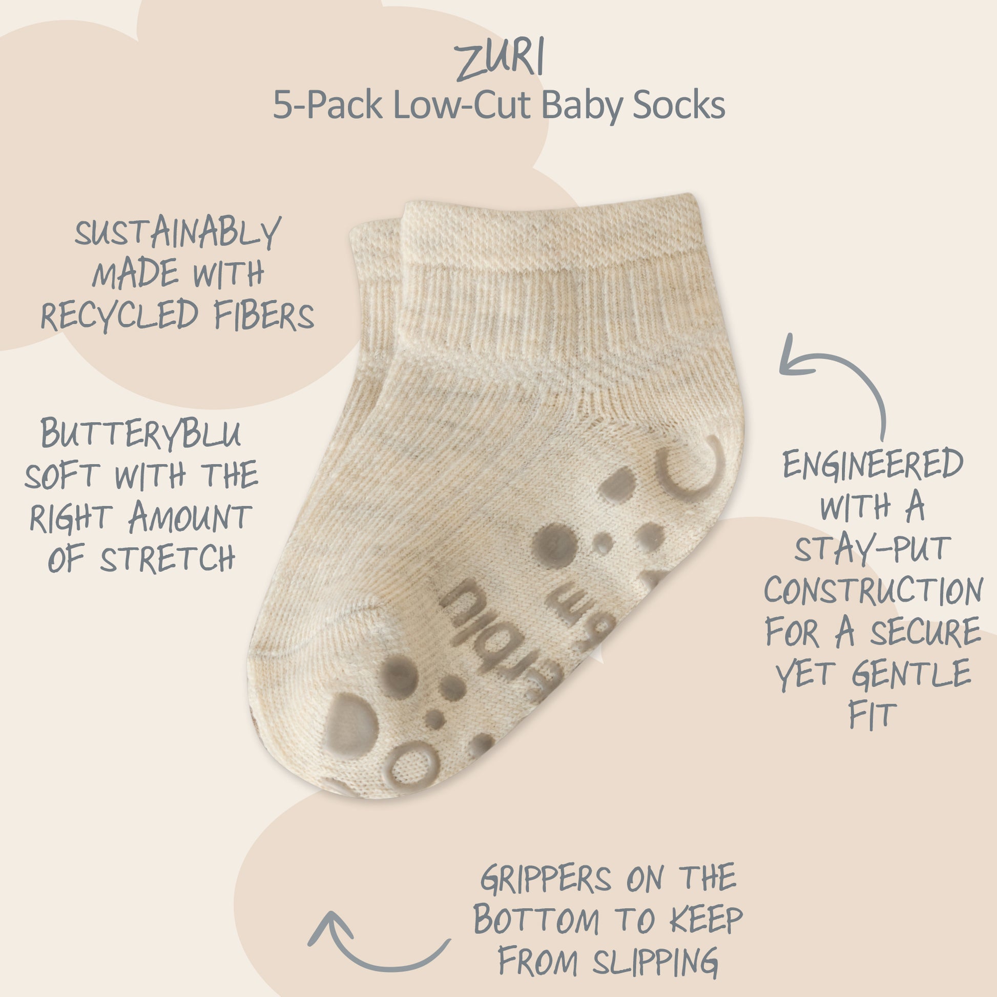 Zuri Sock surrounded by product descriptions