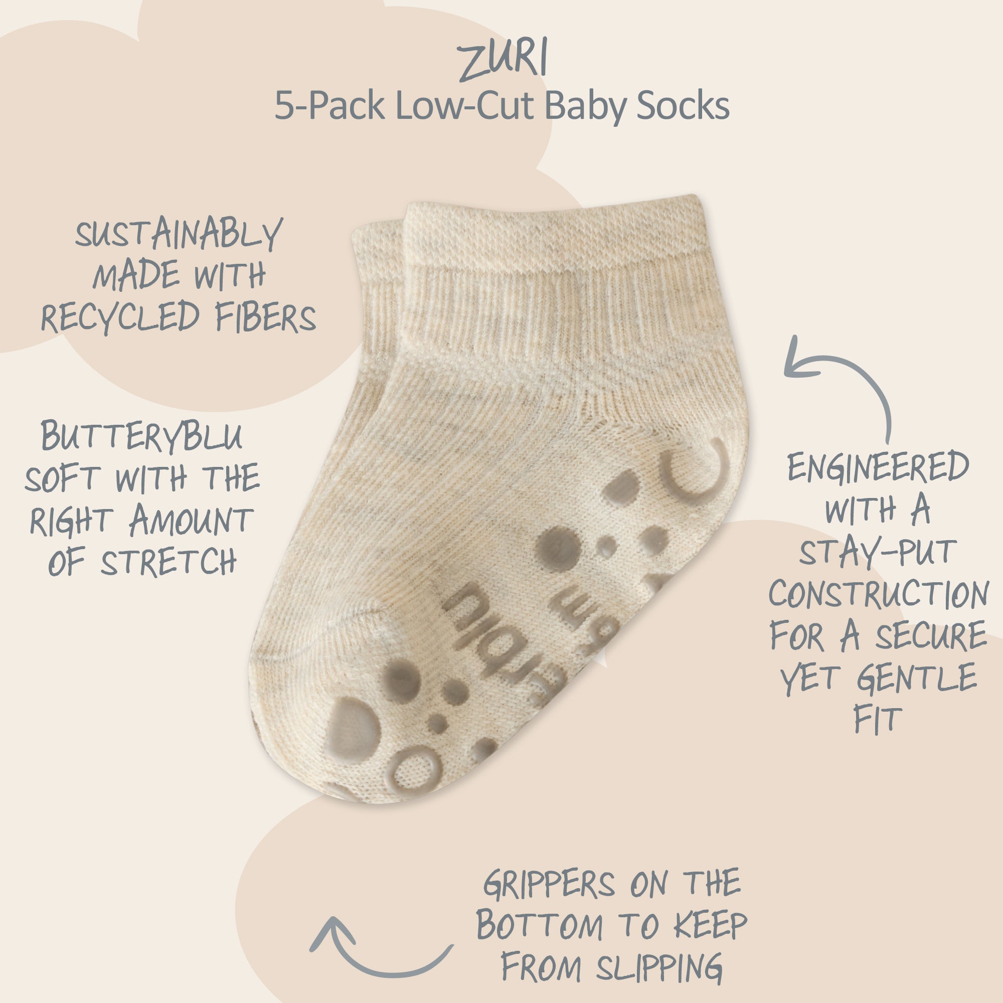 Zuri Sock surrounded by product descriptions