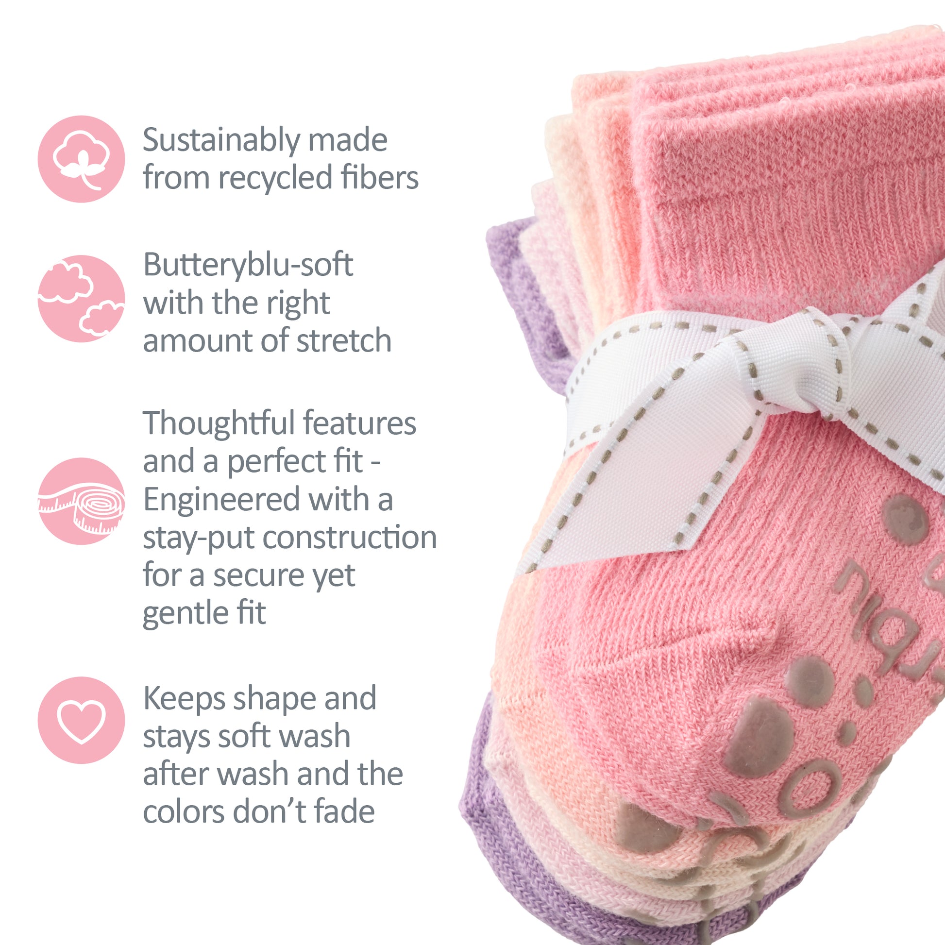 Zuri Socks tied with a bow, next to GOTS product certificates