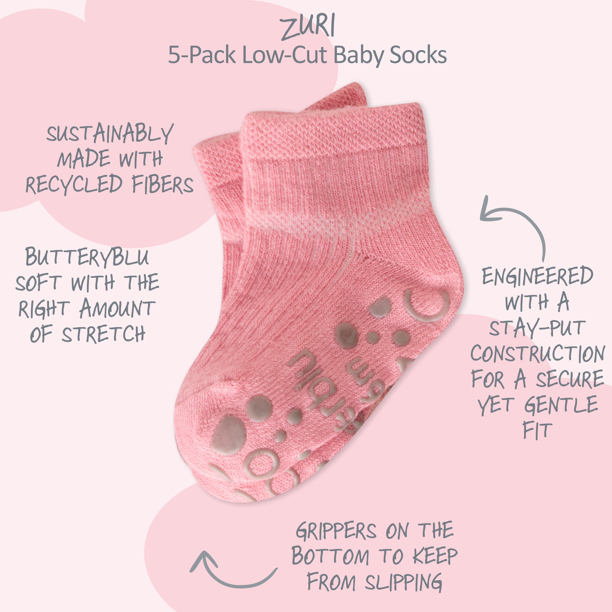 Zuri Sock surrounded by product descriptions