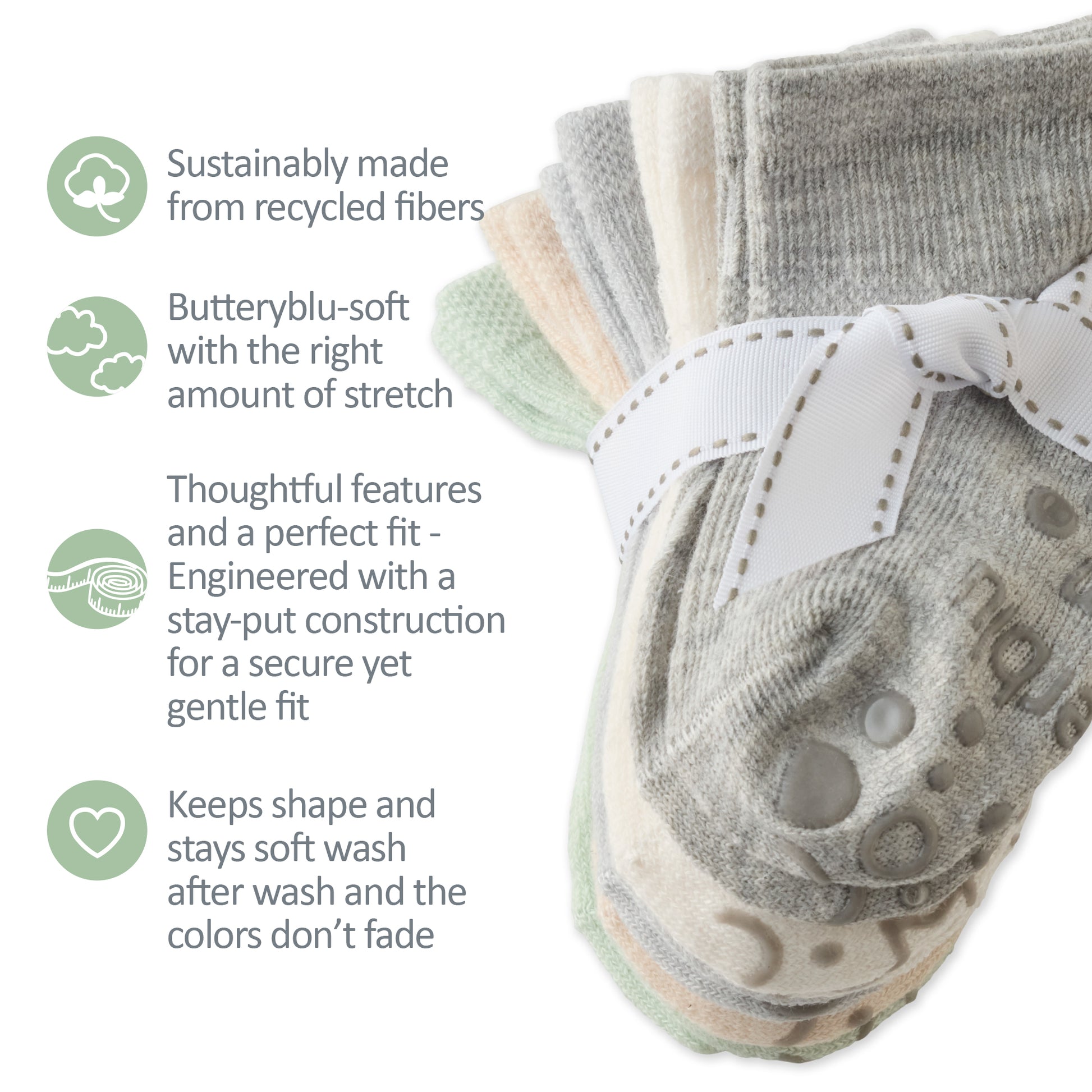 Zuri Socks tied with a bow, next to GOTS product certificates
