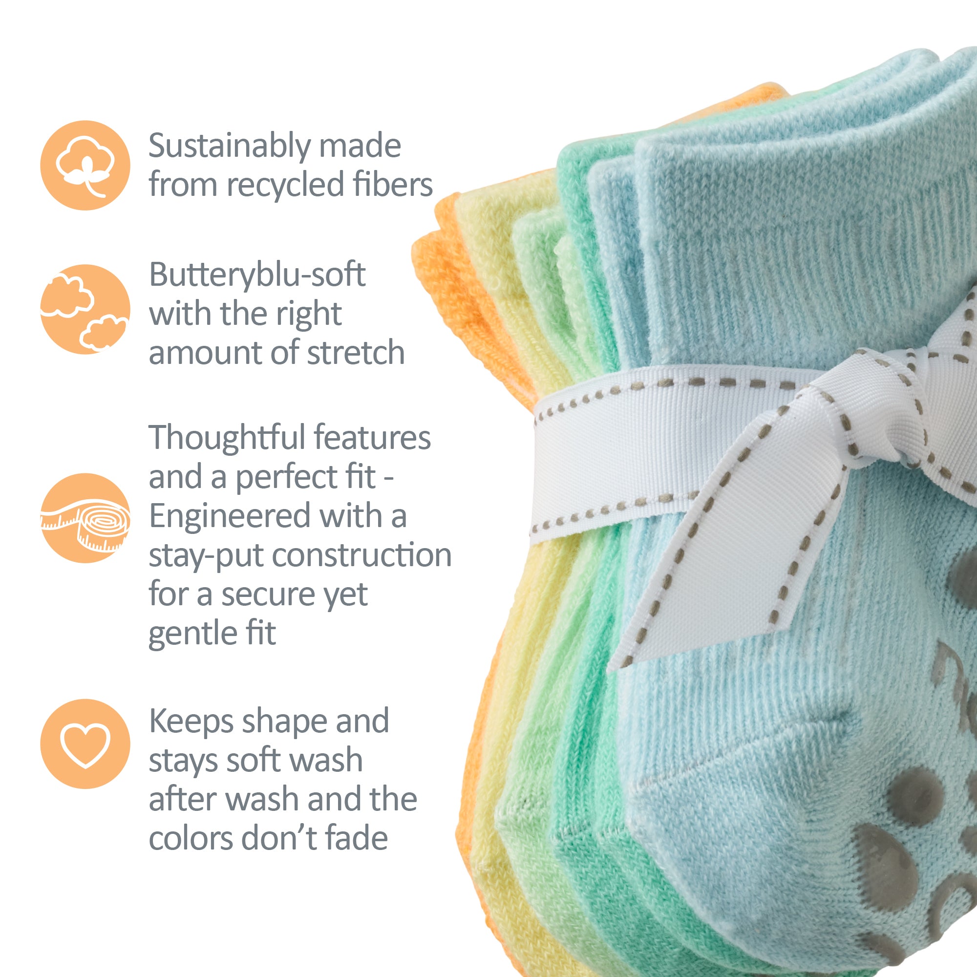 Zuri Socks tied with a bow, next to GOTS product certificates