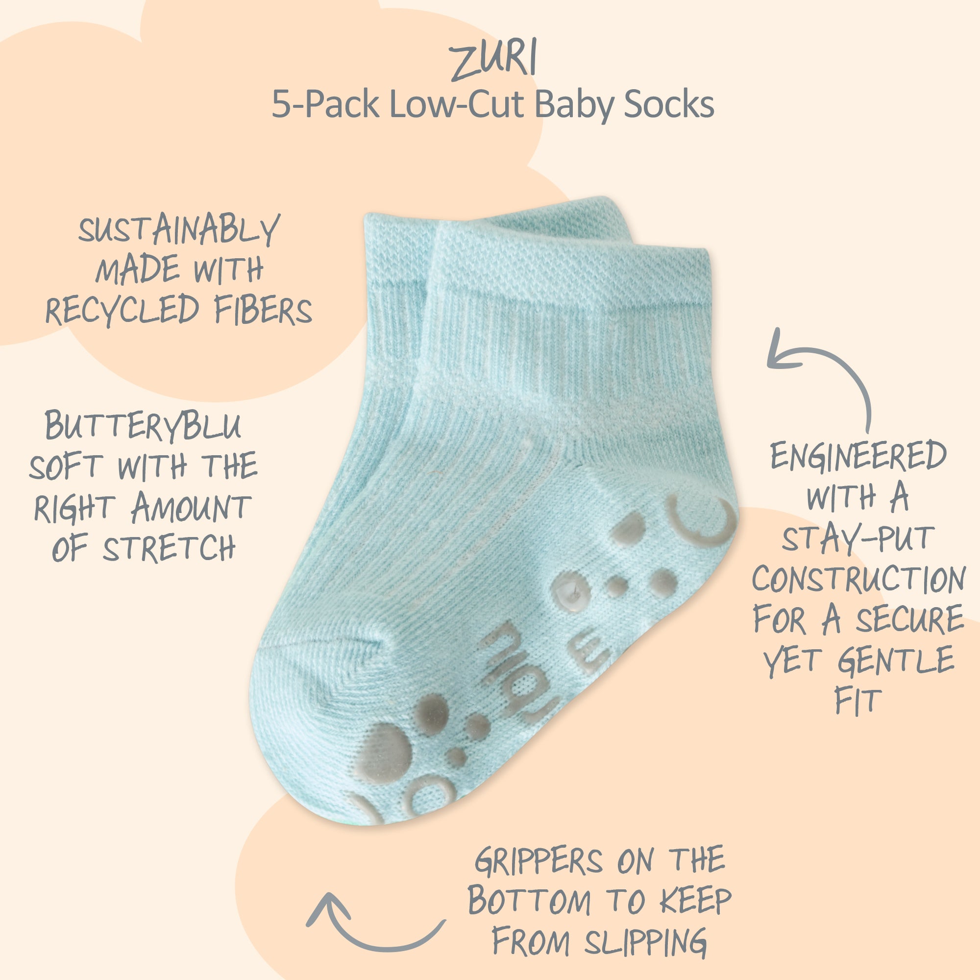 Zuri Sock surrounded by product descriptions