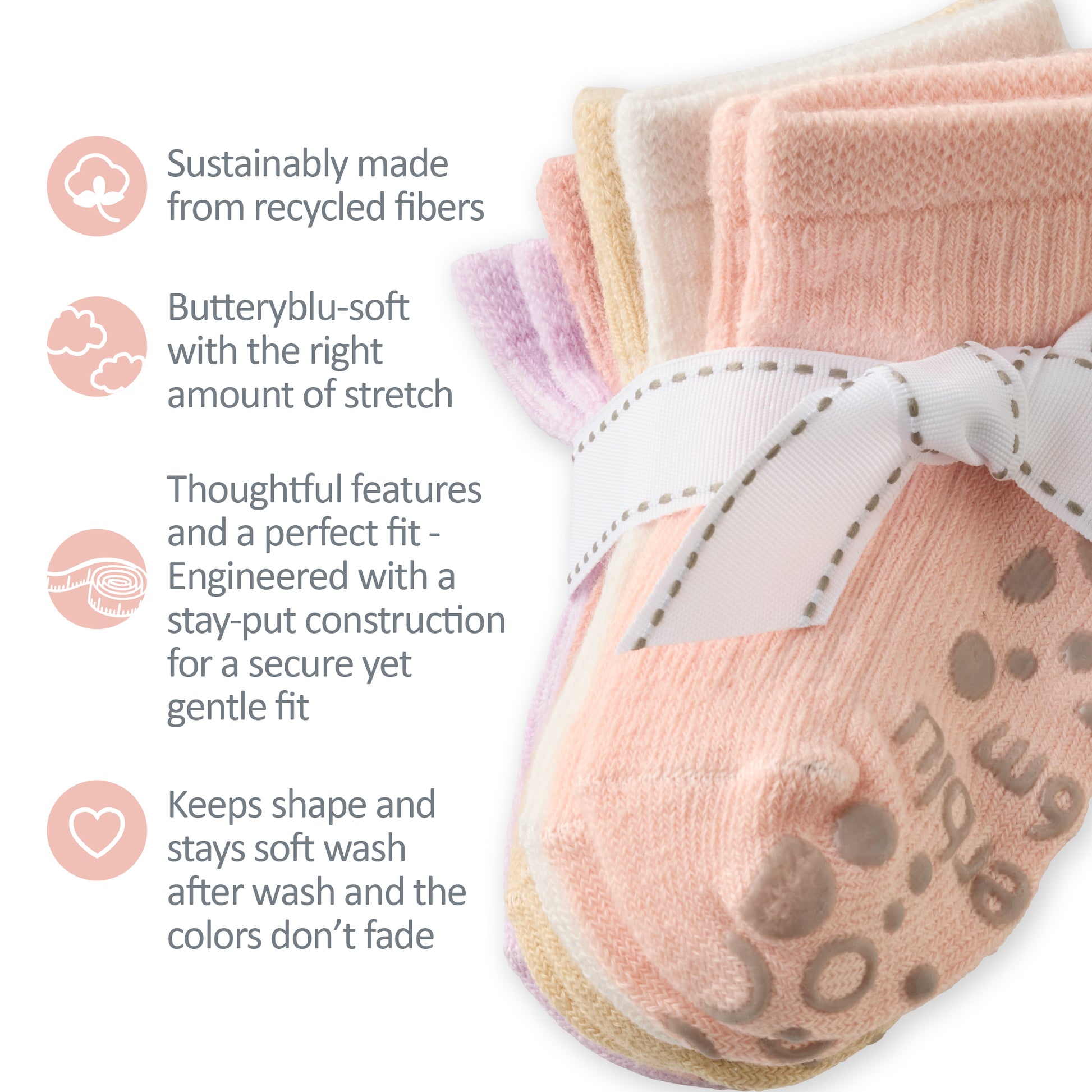 Zuri Socks tied with a bow, next to GOTS product certificates