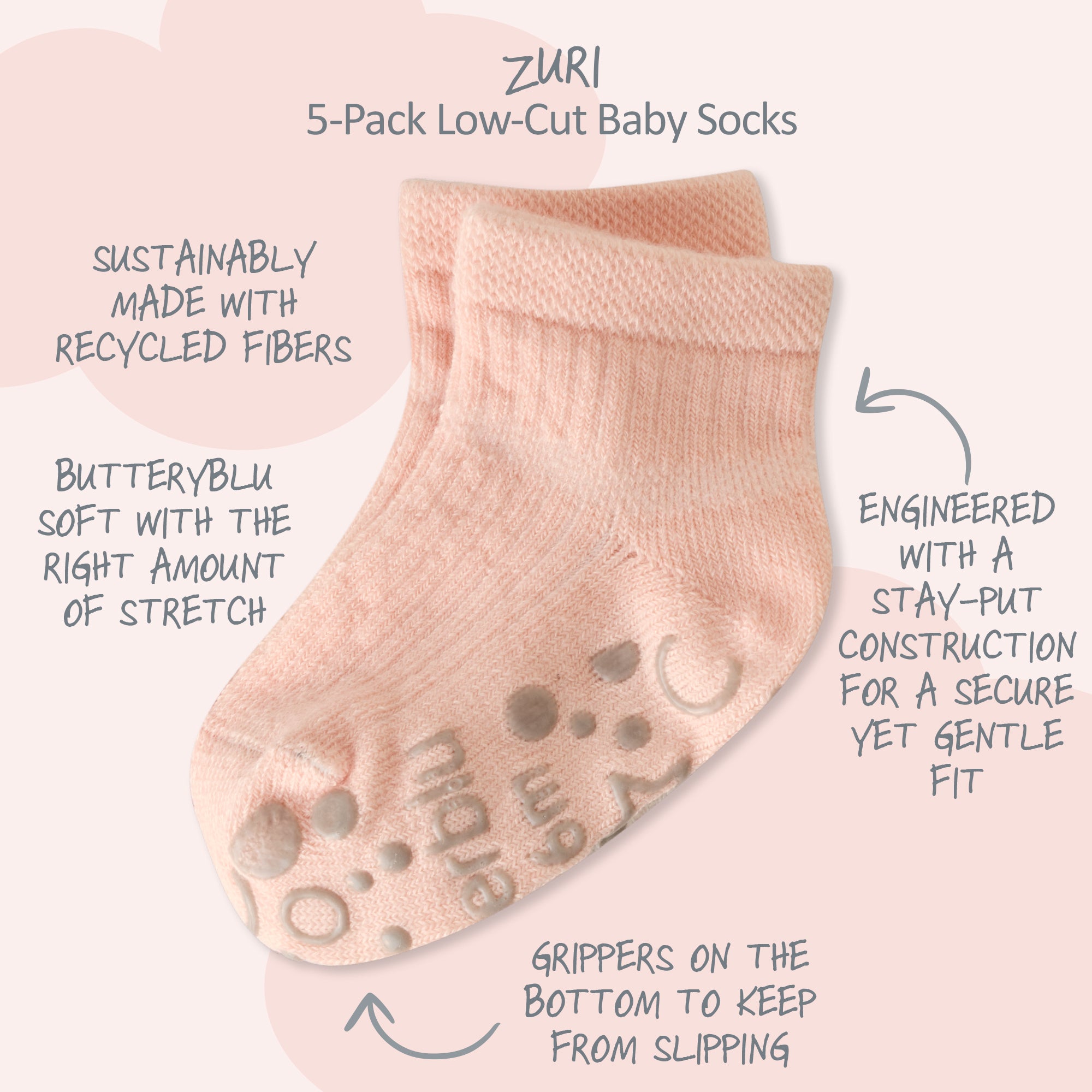 Zuri Sock surrounded by product descriptions