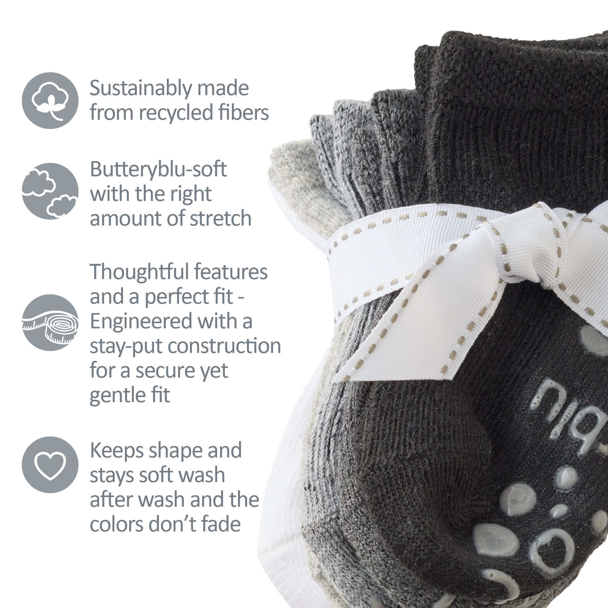 Zuri Socks tied with a bow, next to GOTS product certificates