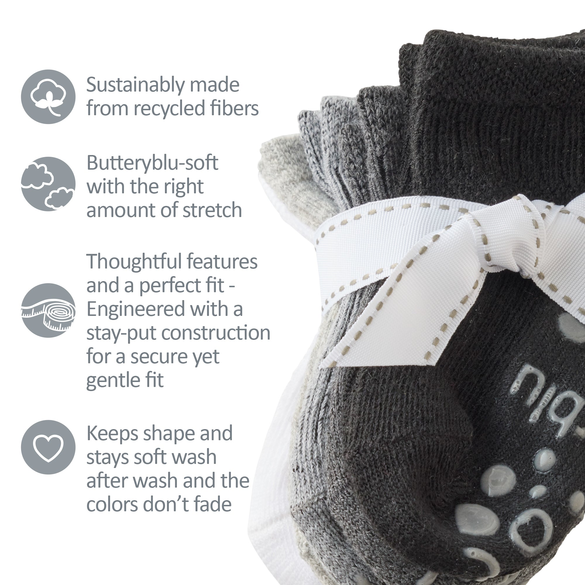 Zuri Socks tied with a bow, next to GOTS product certificates