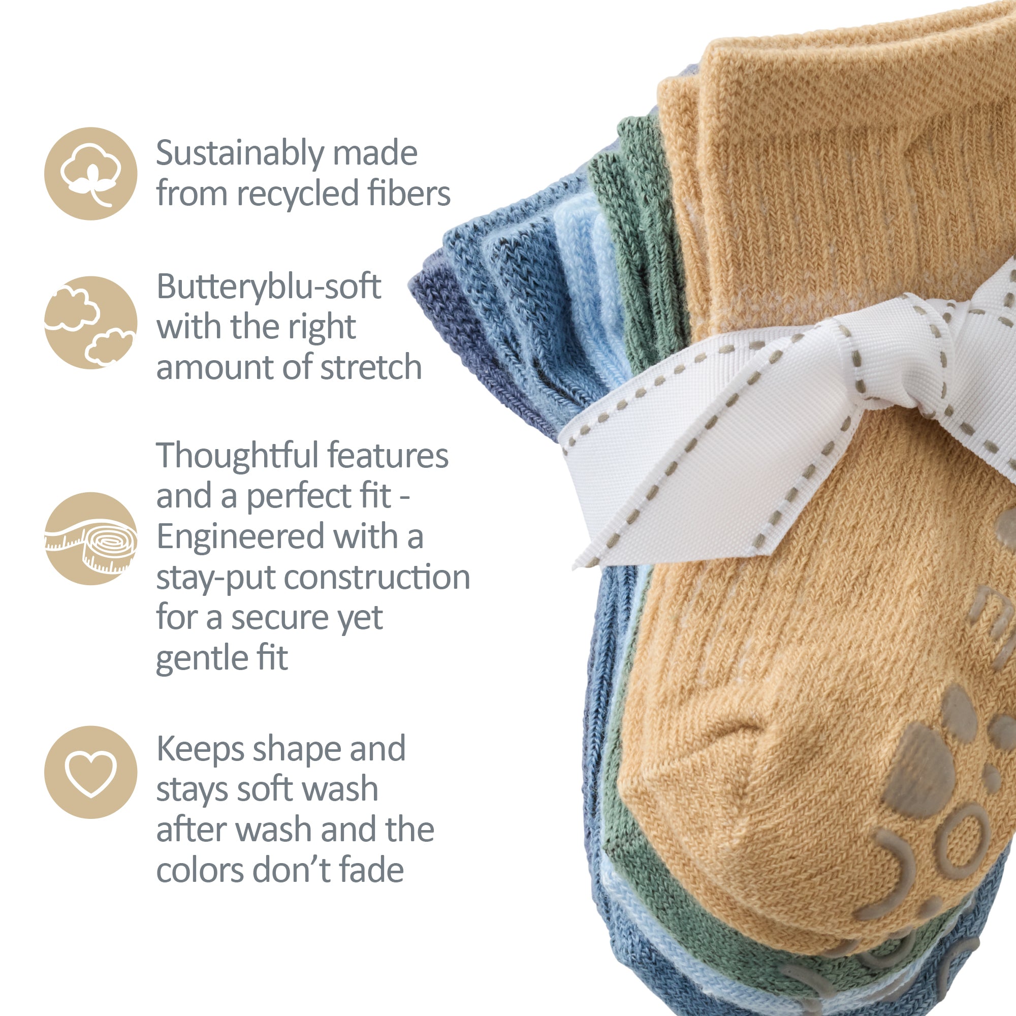 Zuri Socks tied with a bow, next to GOTS product certificates
