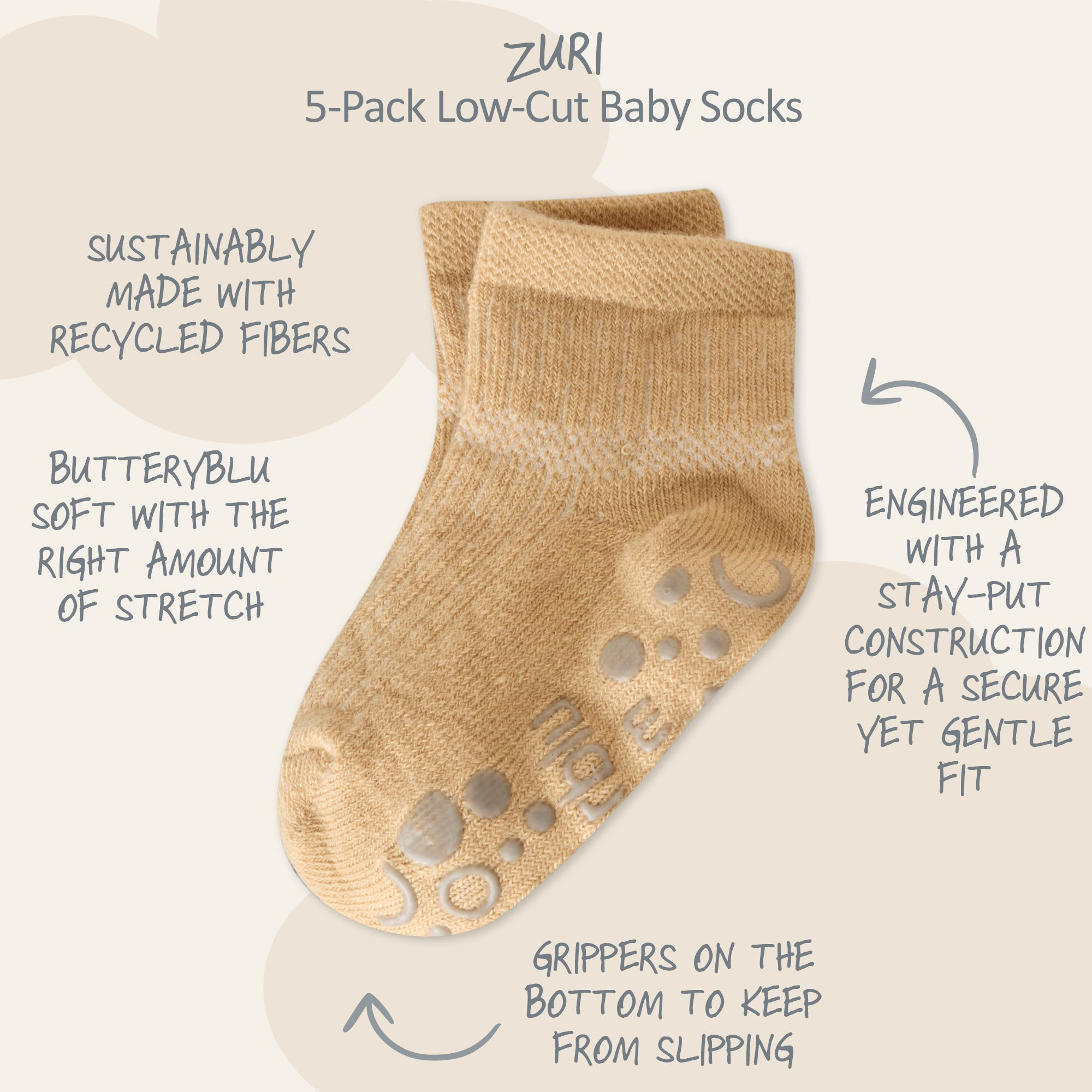 Zuri Sock surrounded by product descriptions