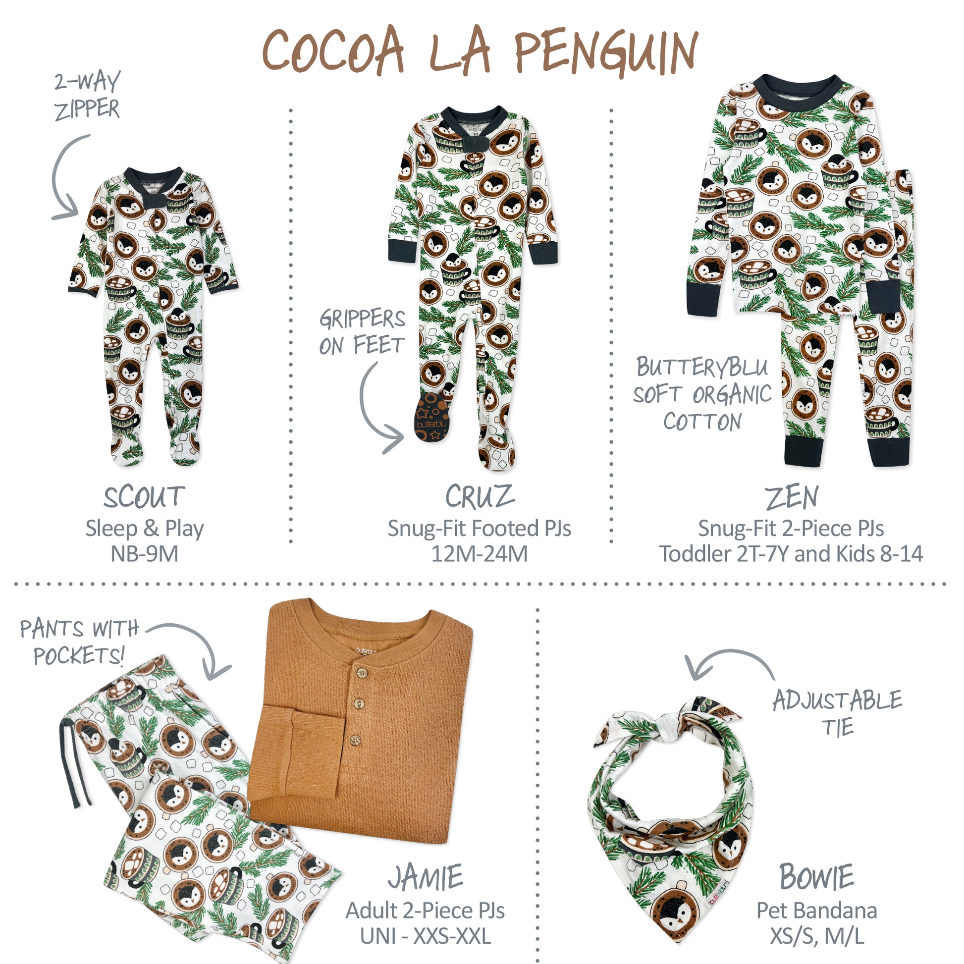 Product display of various penguin-themed children's clothing and accessories with product names and features.