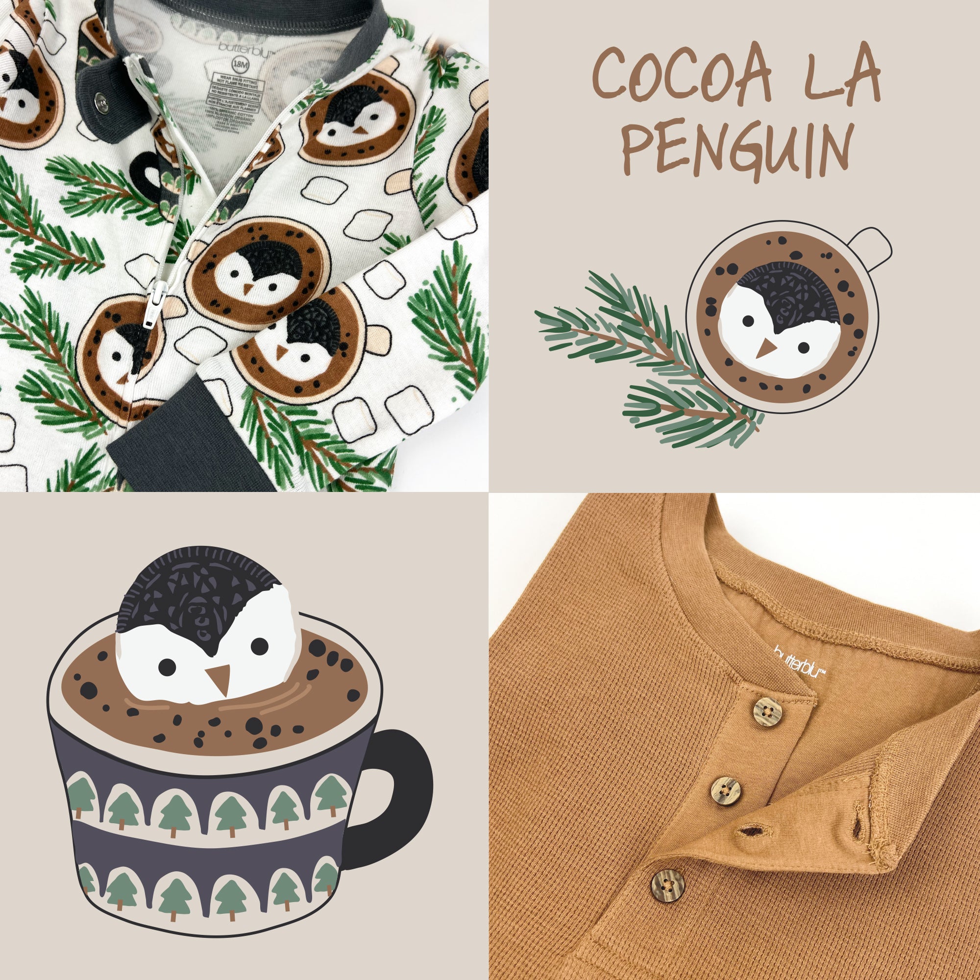 Collage of clothing with penguin design on a mug, featuring the brand 'Cocoa La Penguin'.
