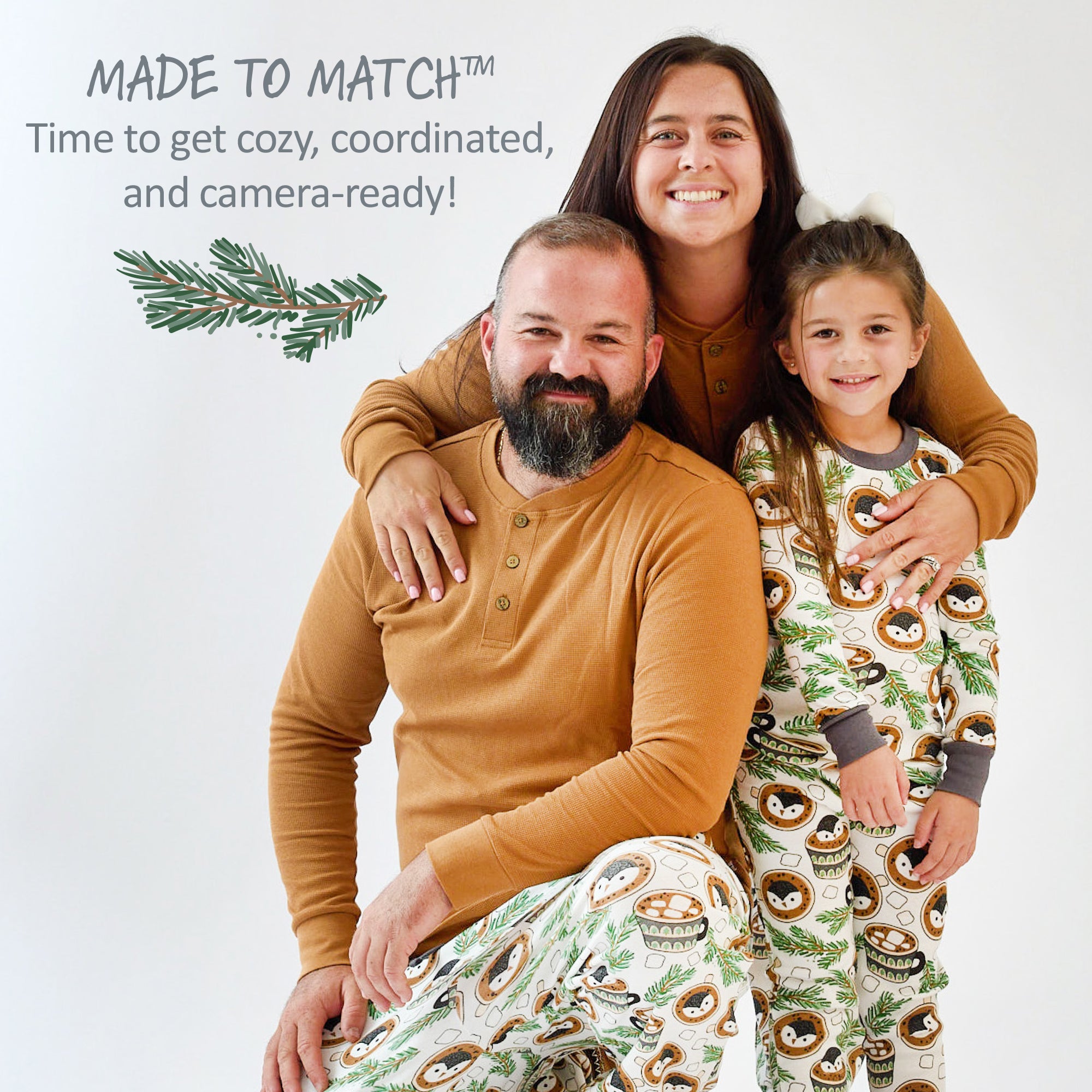 Family of three wearing matching pajamas with text 'Made to Match' on a white background.