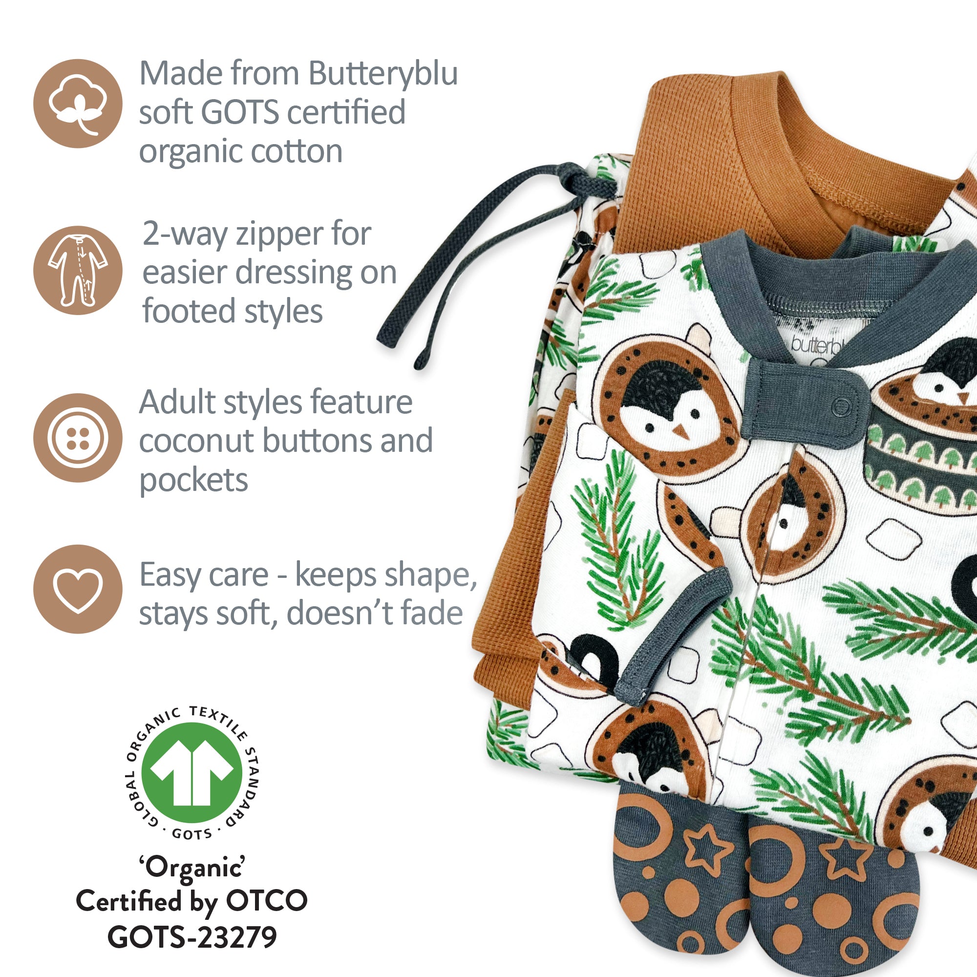 Children's clothing set with penguin design on a white background, featuring organic cotton and GOTS certification.