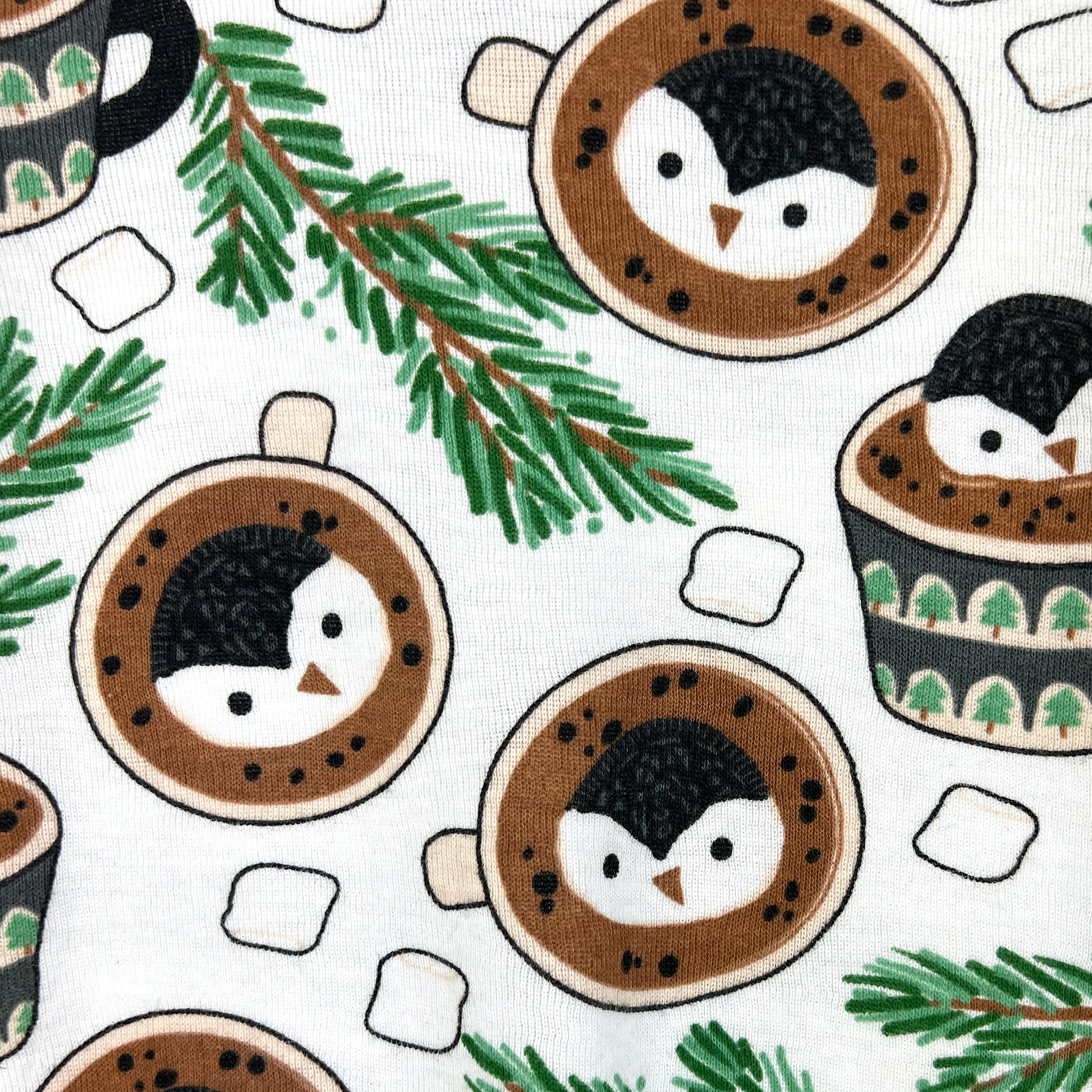 Pattern of penguins in hot chocolate cups with Christmas elements on a white background