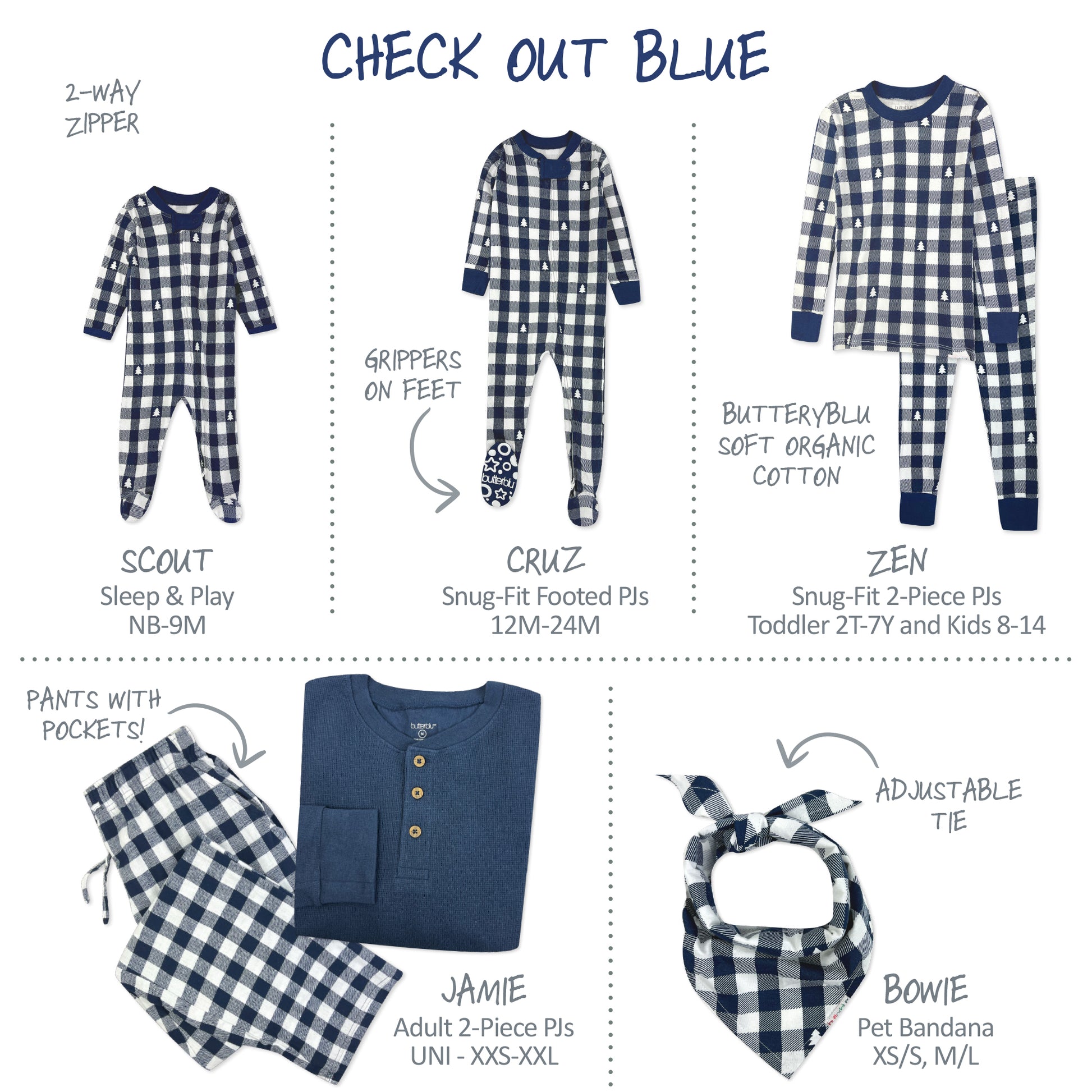 Collection of blue and white checkered children's clothing with product details on a white background.