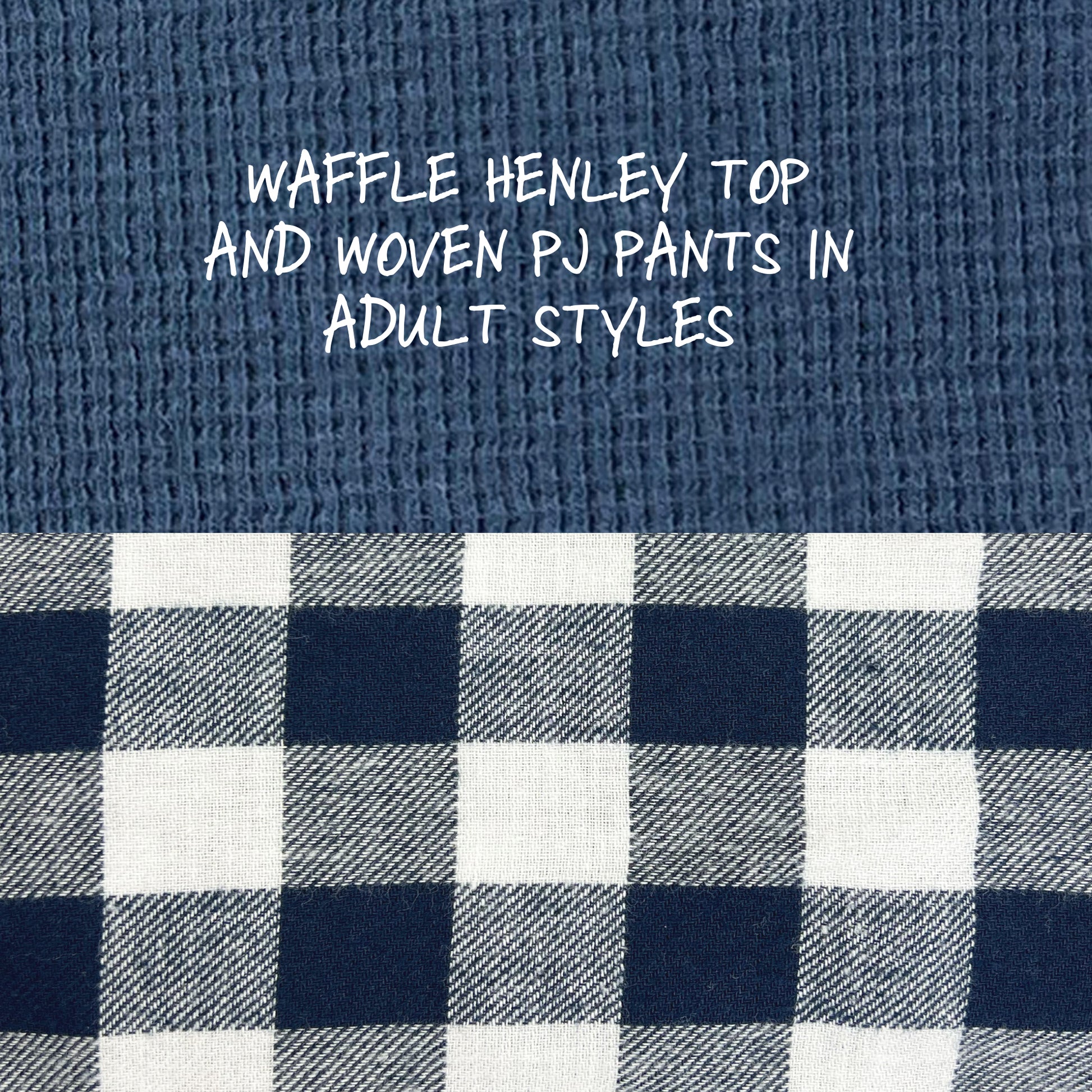 Text on waffle knit fabric with checkered pattern below