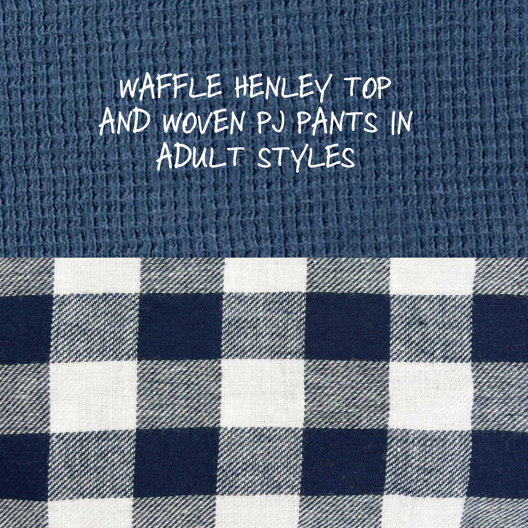 Text on waffle knit fabric with checkered pattern below