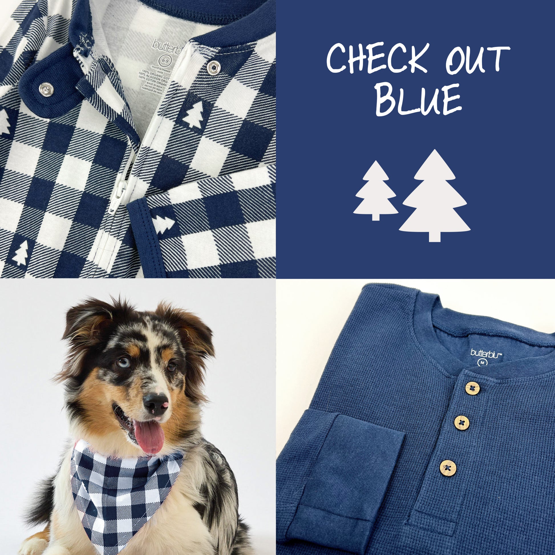 Collage of blue-themed clothing and a dog wearing a checkered bandana with text 'Check out Blue'.