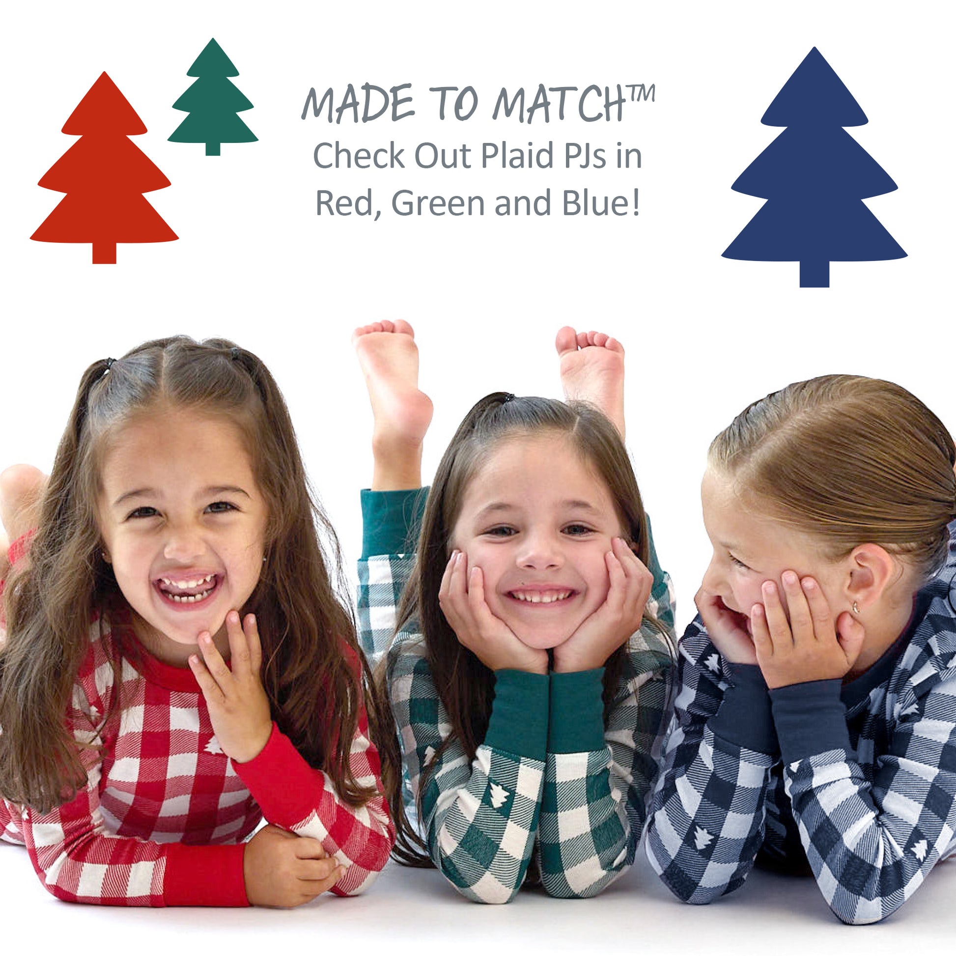 Three children wearing plaid pajamas with Christmas tree icons and text promoting matching pajamas.