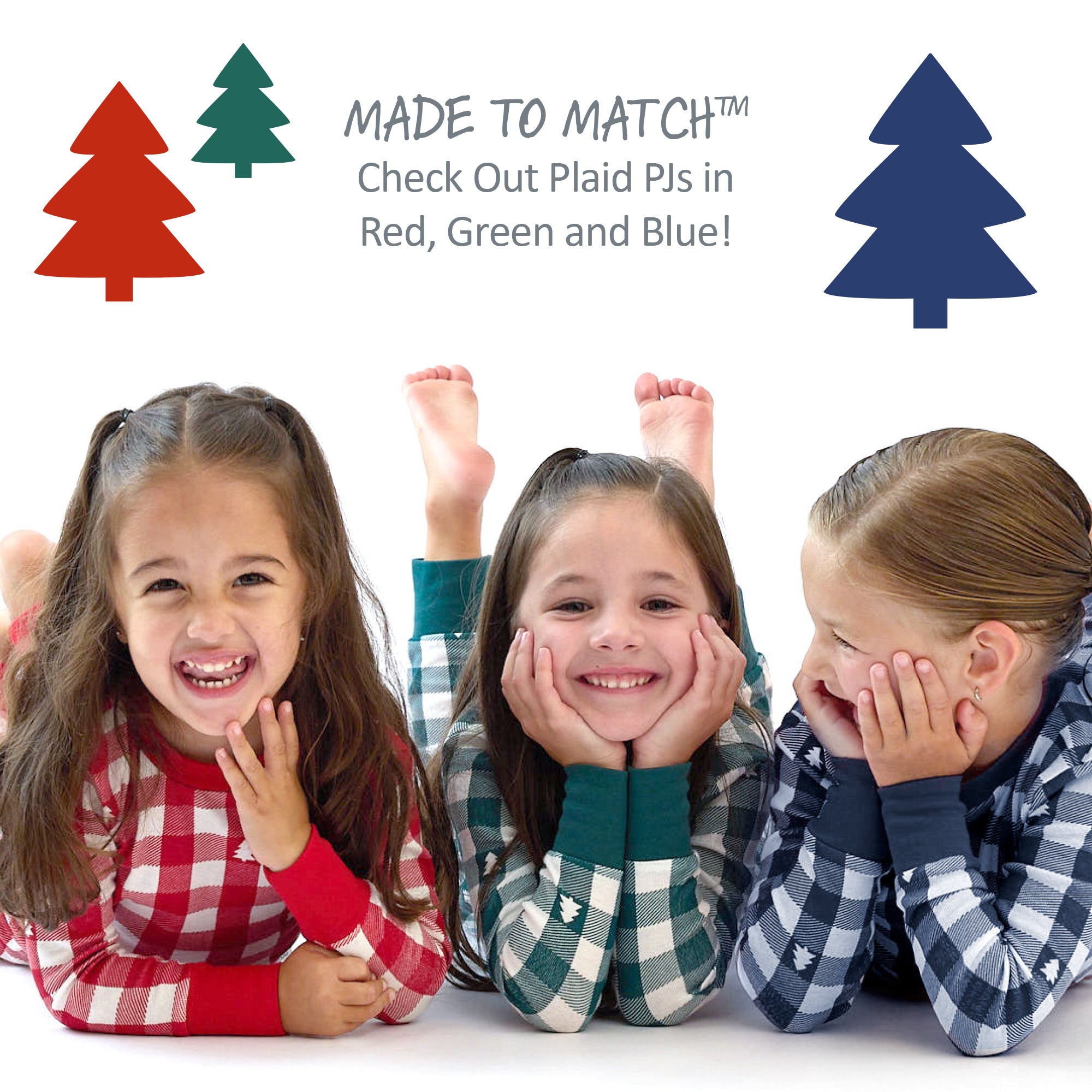 Three children wearing plaid pajamas with Christmas tree icons and text promoting matching pajamas.